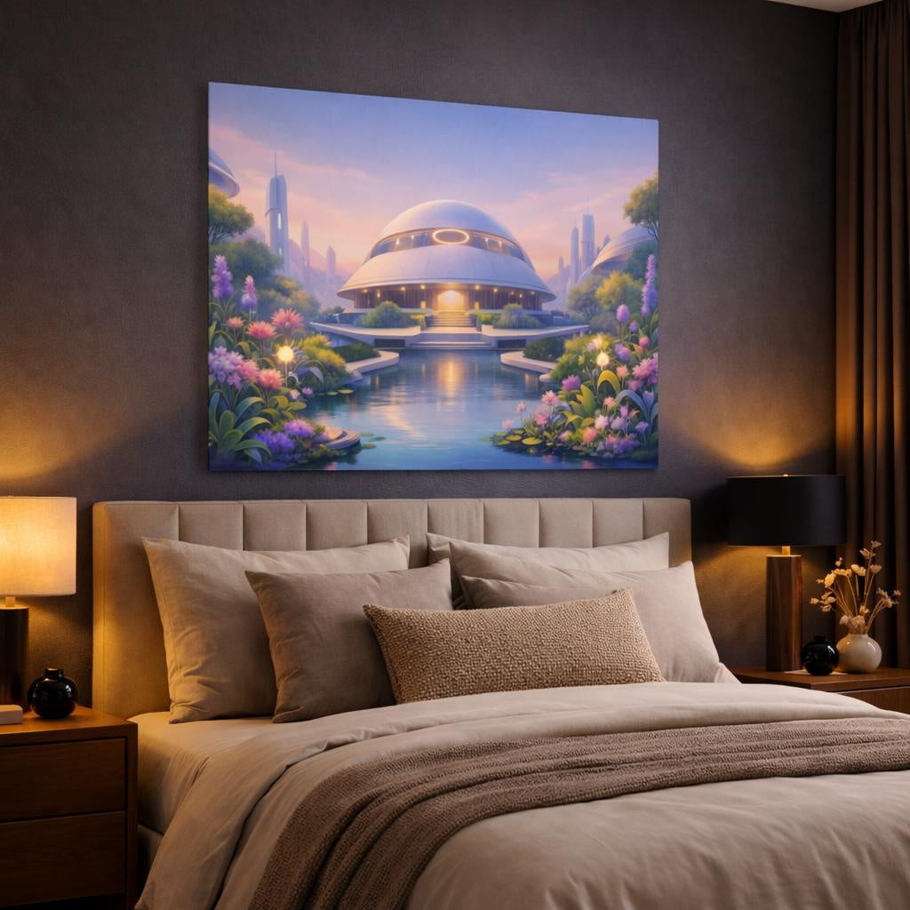 Science Fiction Garden Pastel shown as canvas wall art in a luxury bedroom