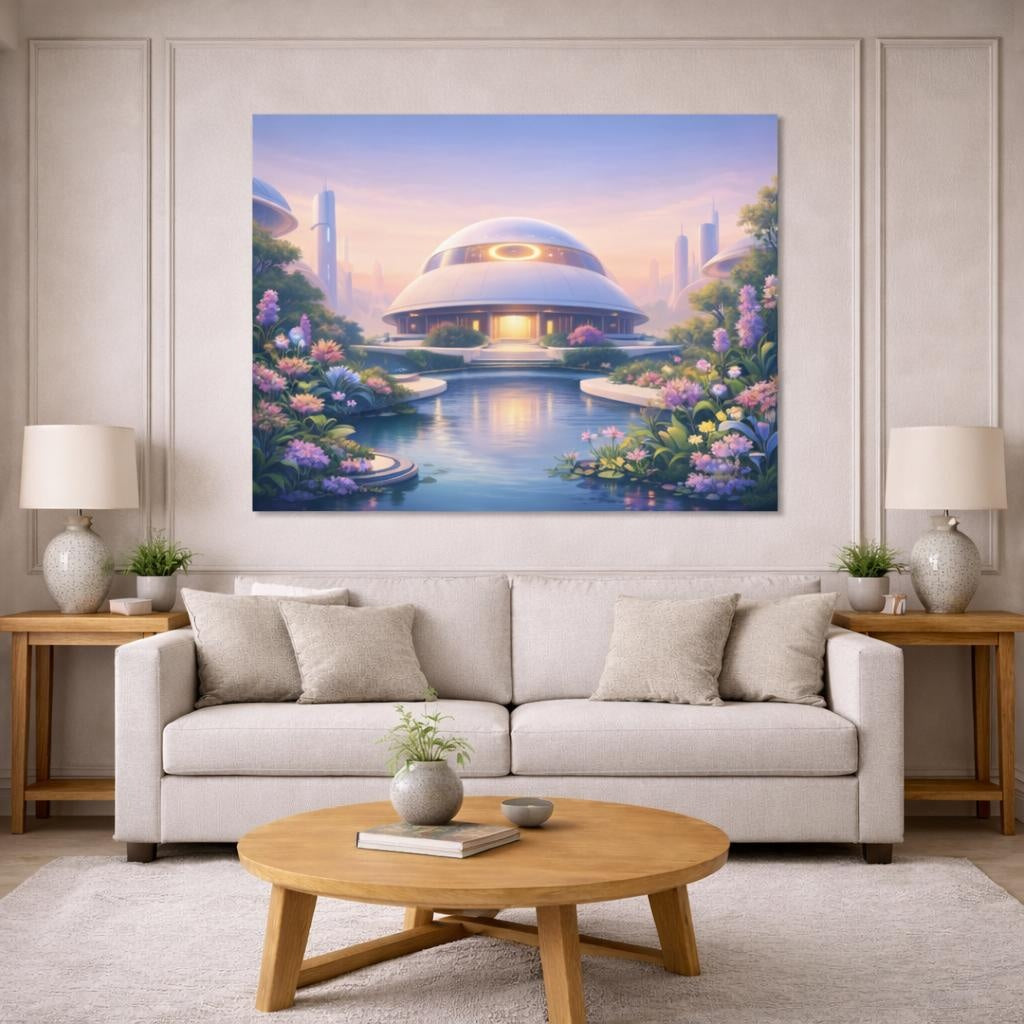 Science Fiction Garden Pastel shown as canvas wall art in a modern living room