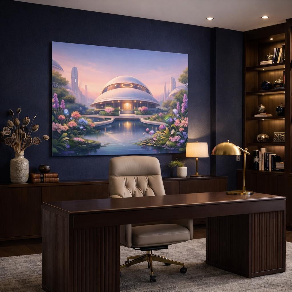 Science Fiction Garden Pastel shown as canvas wall art in a refined dining room