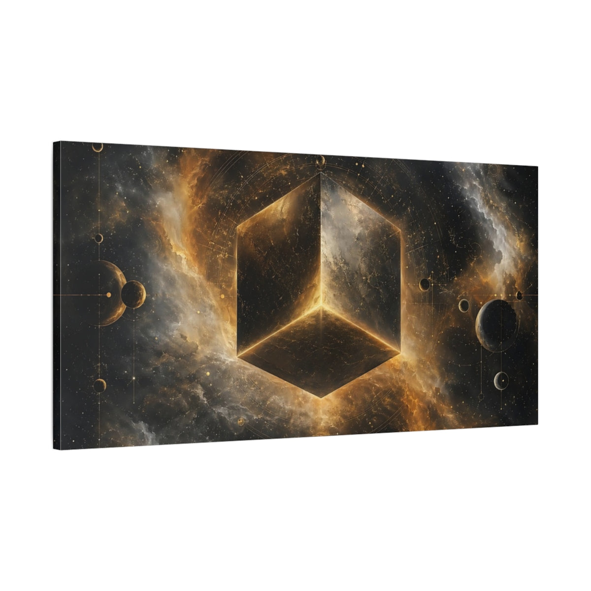 Main Mockup. Science Fiction Geometric Cube Gold And Black Space shown as stretched canvas wall art