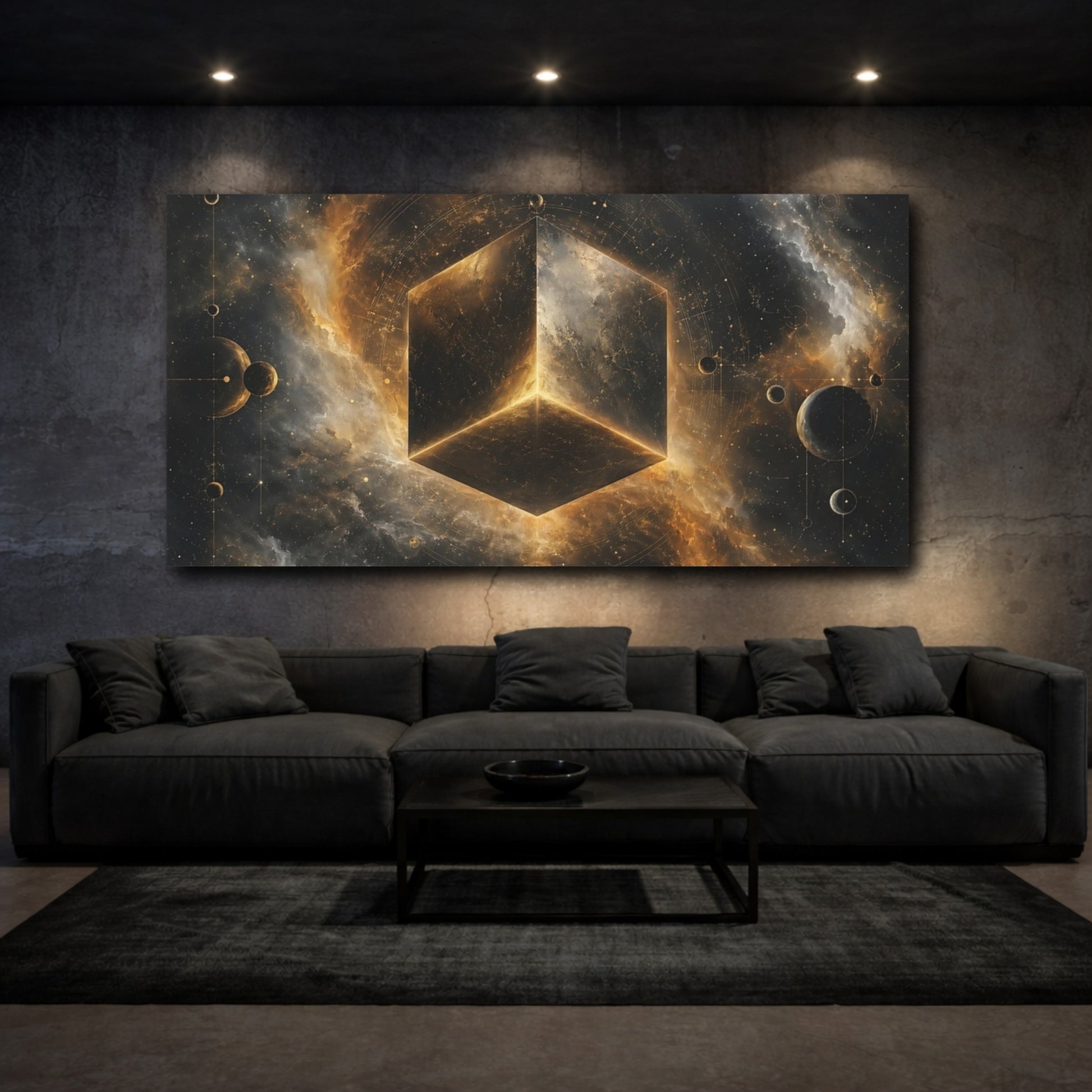Mockup 2. Science Fiction Geometric Cube Gold And Black Space shown as stretched canvas wall art