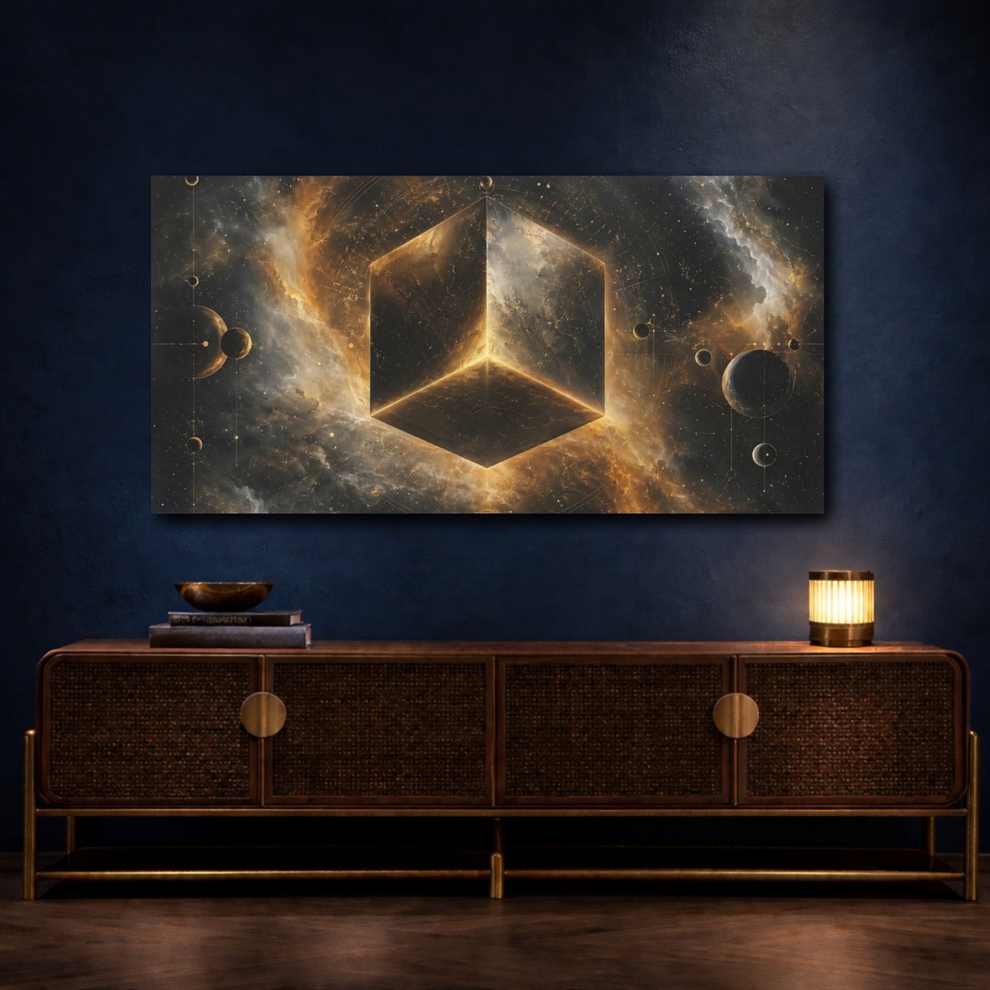 Mockup 3. Science Fiction Geometric Cube Gold And Black Space shown as stretched canvas wall art