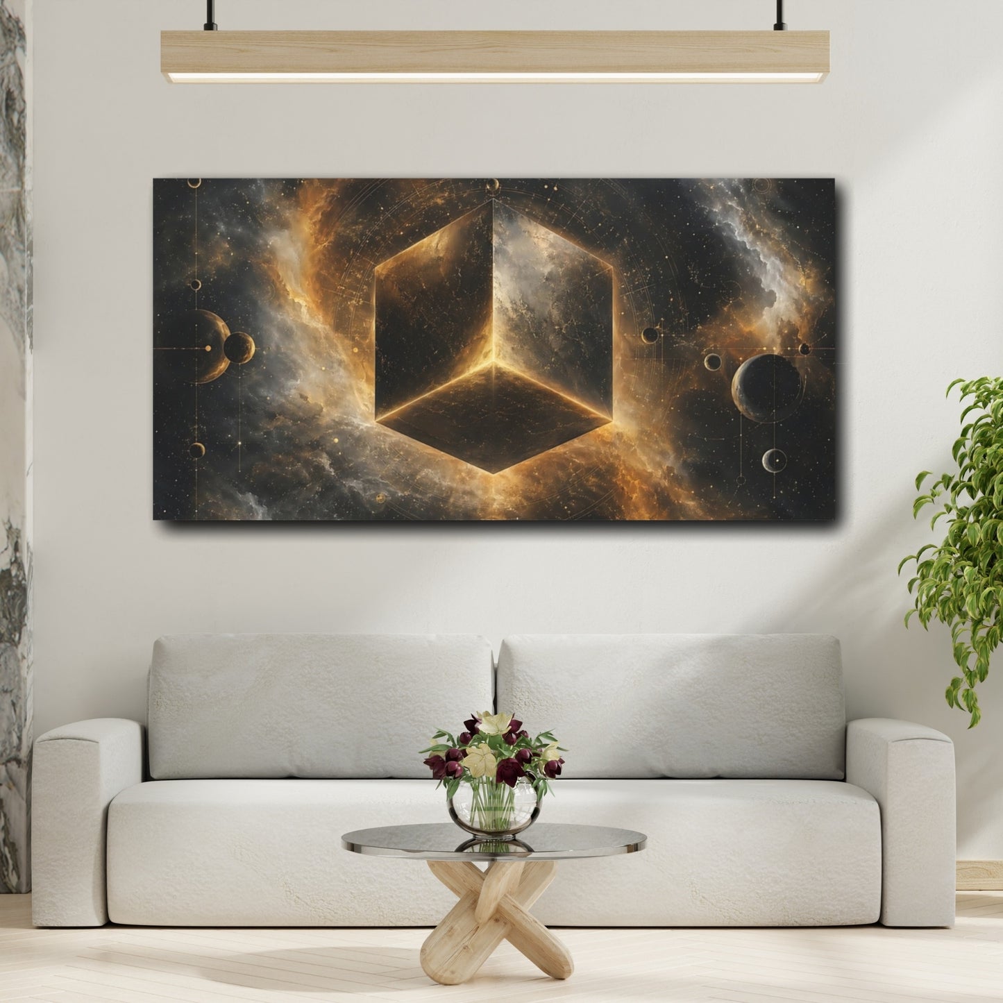 Mockup 4. Science Fiction Geometric Cube Gold And Black Space shown as stretched canvas wall art