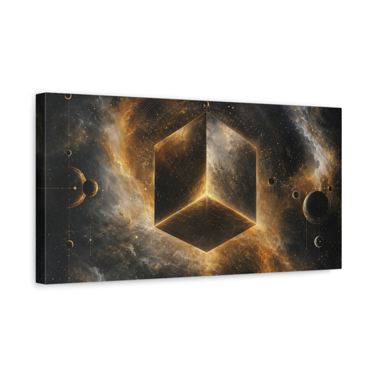 Side Mockup 3. Science Fiction Geometric Cube Gold And Black Space shown as stretched canvas wall art