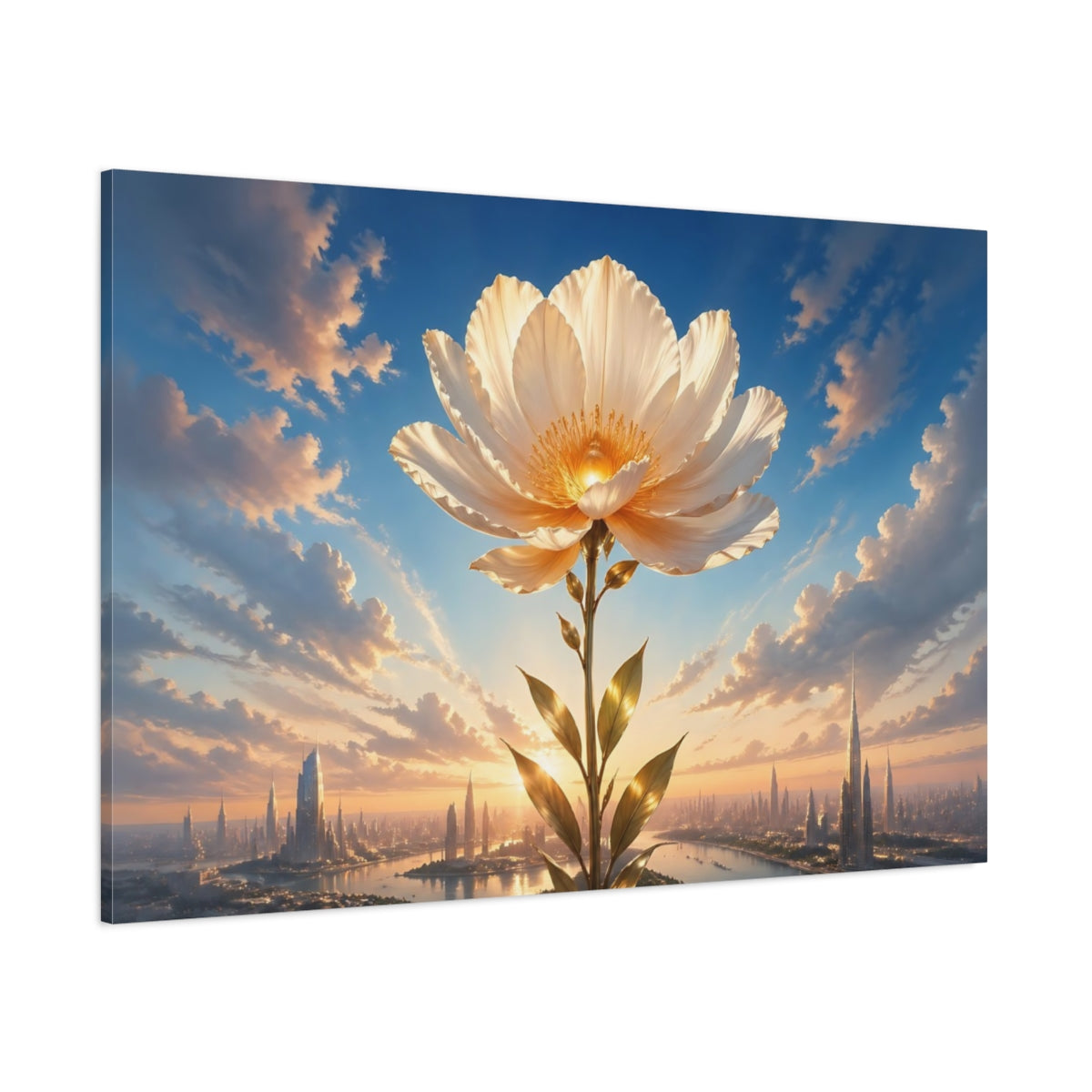 Side Mockup 1. Science Fiction Giant Flower Blue And Gold Flower shown as stretched canvas wall art