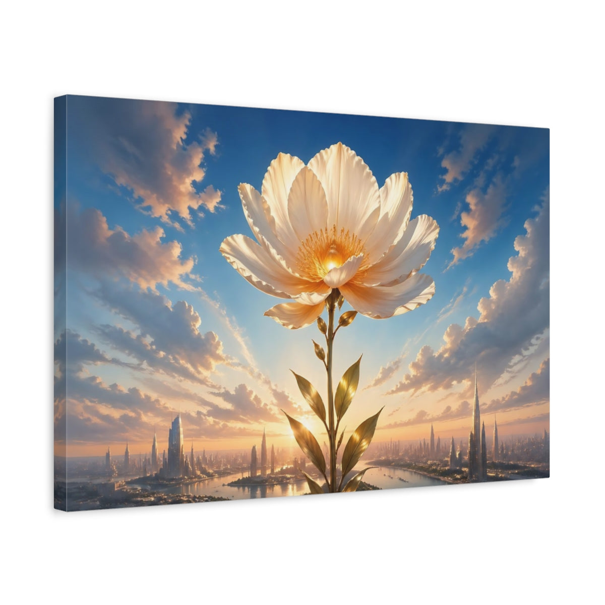 Side Mockup 3. Science Fiction Giant Flower Blue And Gold Flower shown as stretched canvas wall art