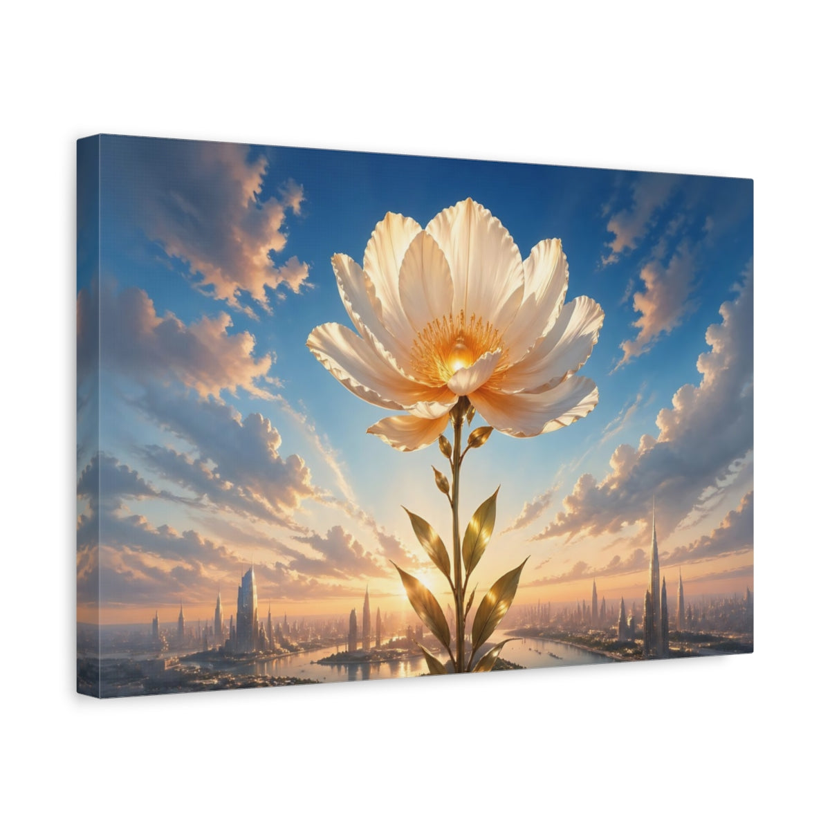 Side Mockup 4. Science Fiction Giant Flower Blue And Gold Flower shown as stretched canvas wall art