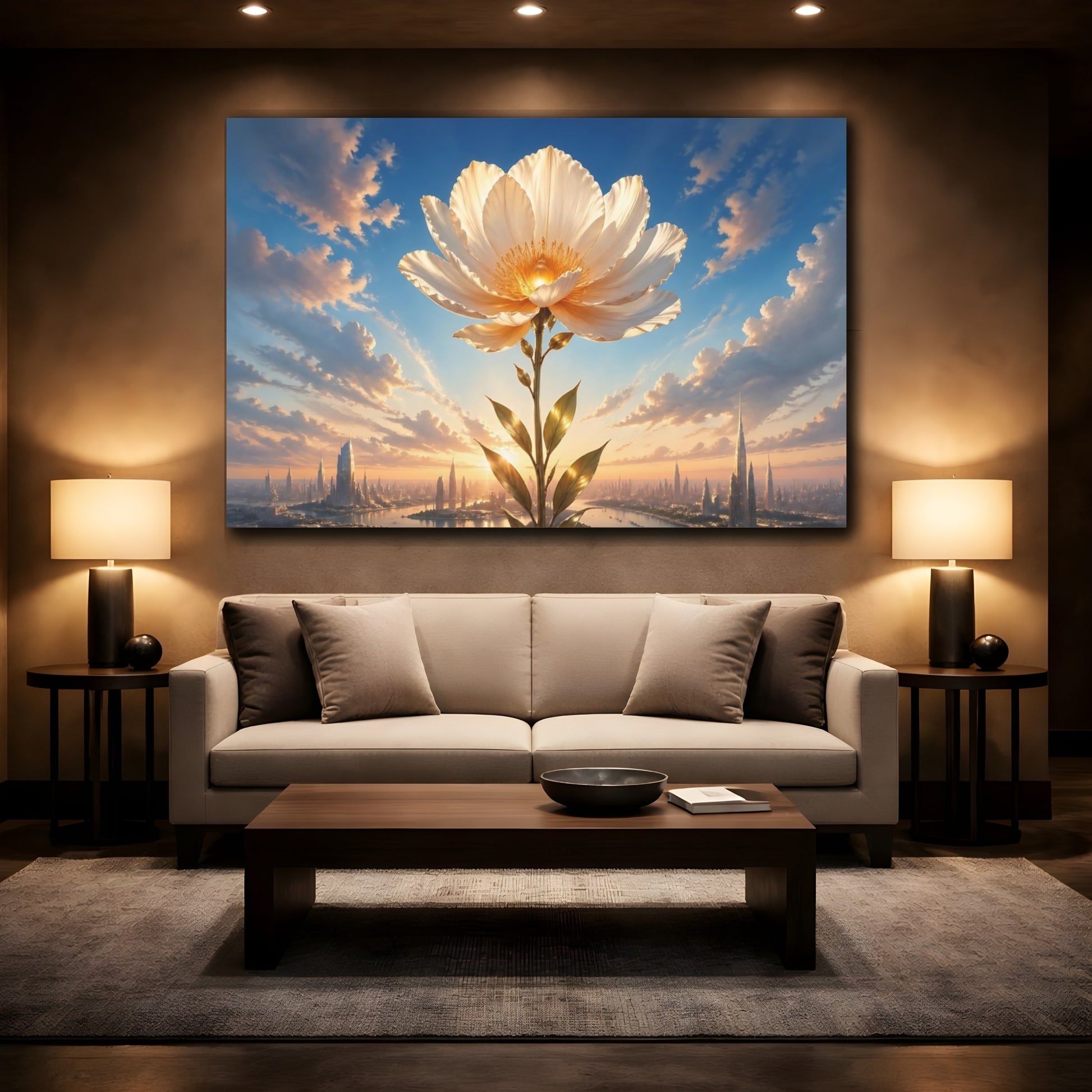 Mockup 2. Science Fiction Giant Flower Blue And Gold Flower shown as stretched canvas wall art