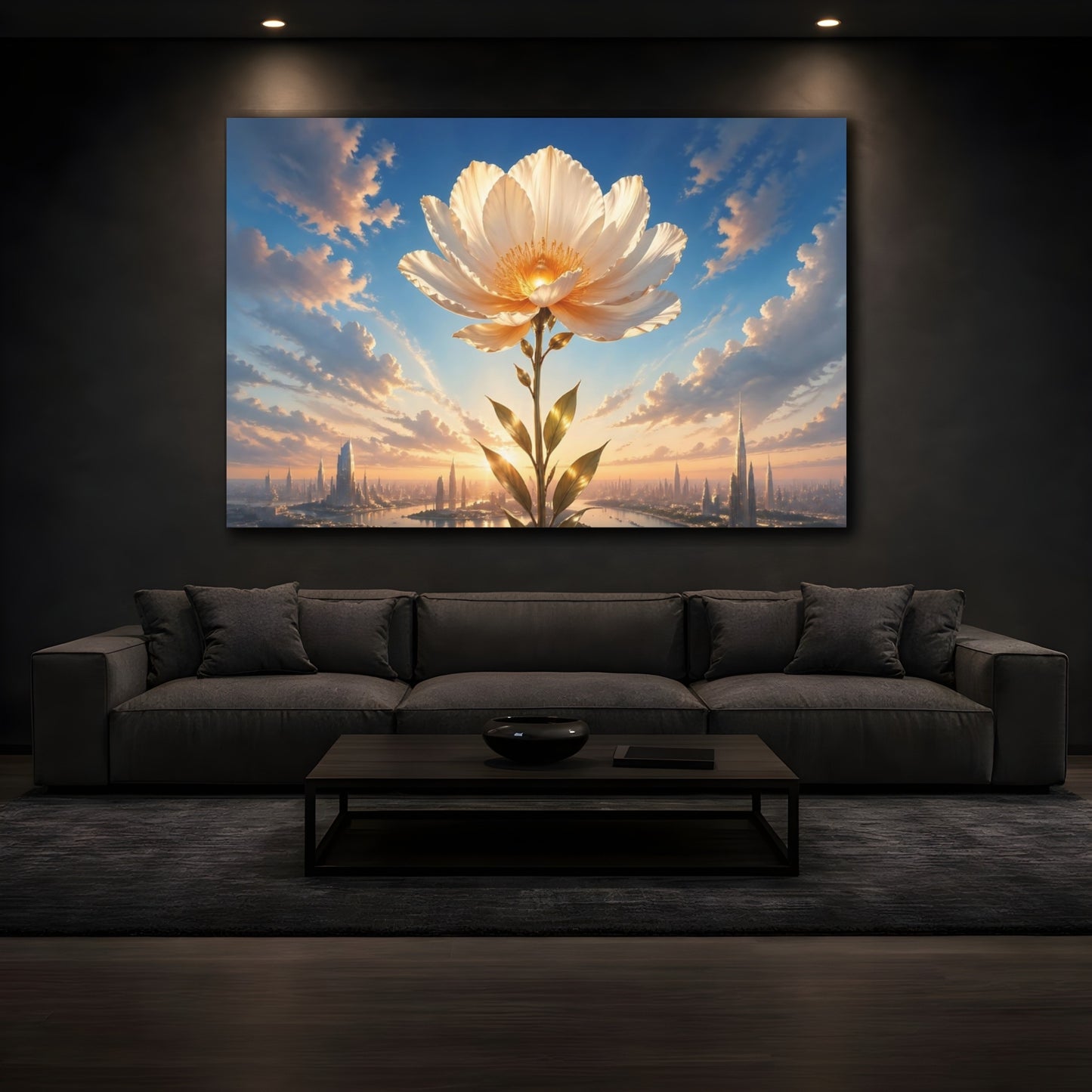 Mockup 3. Science Fiction Giant Flower Blue And Gold Flower shown as stretched canvas wall art