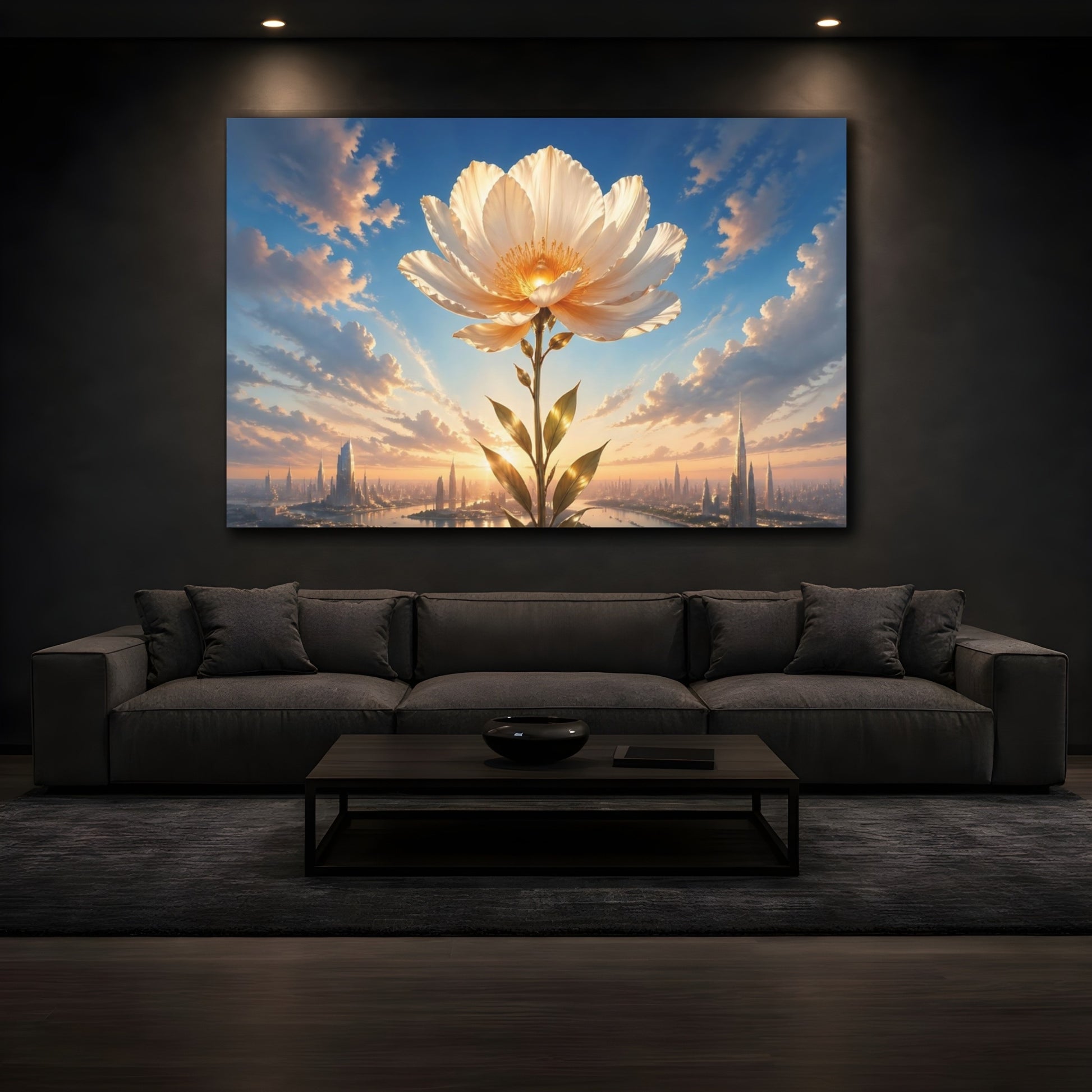Mockup 3. Science Fiction Giant Flower Blue And Gold Flower shown as stretched canvas wall art