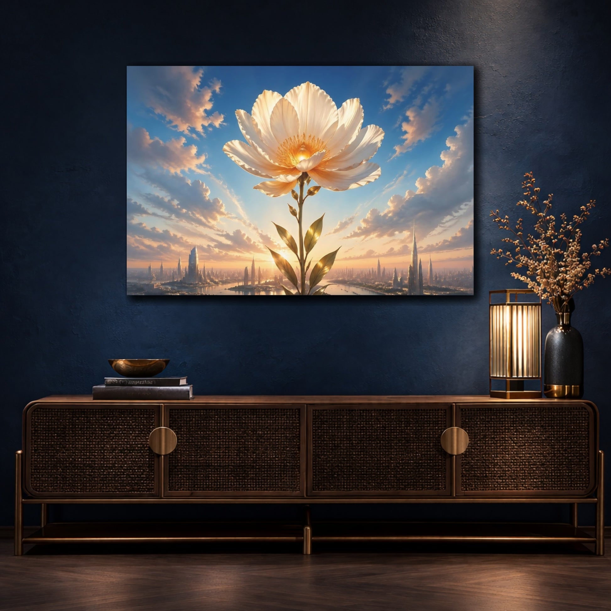 Mockup 4. Science Fiction Giant Flower Blue And Gold Flower shown as stretched canvas wall art