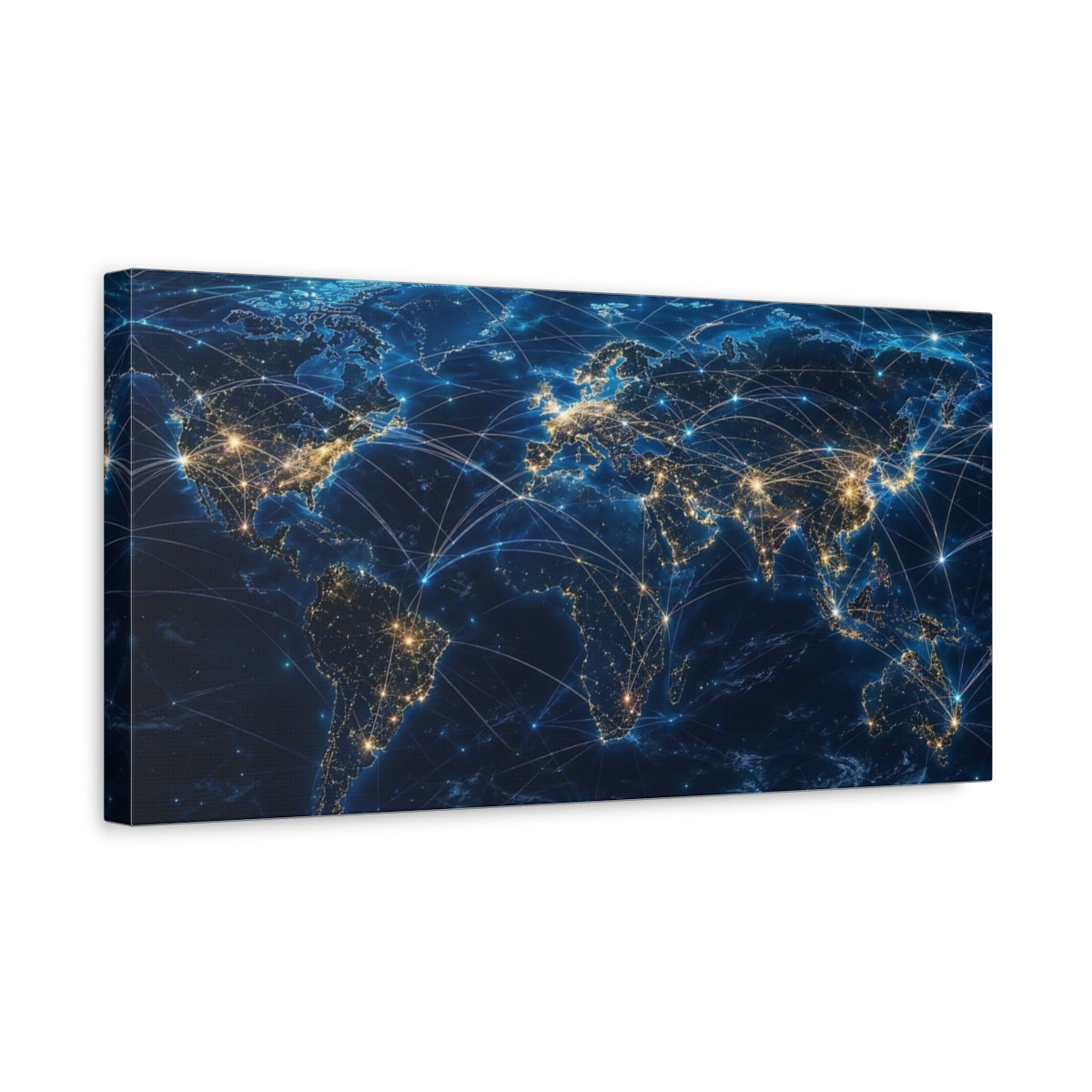 Side Mockup 3. Science Fiction Global Network Blue Gold Network shown as stretched canvas wall art