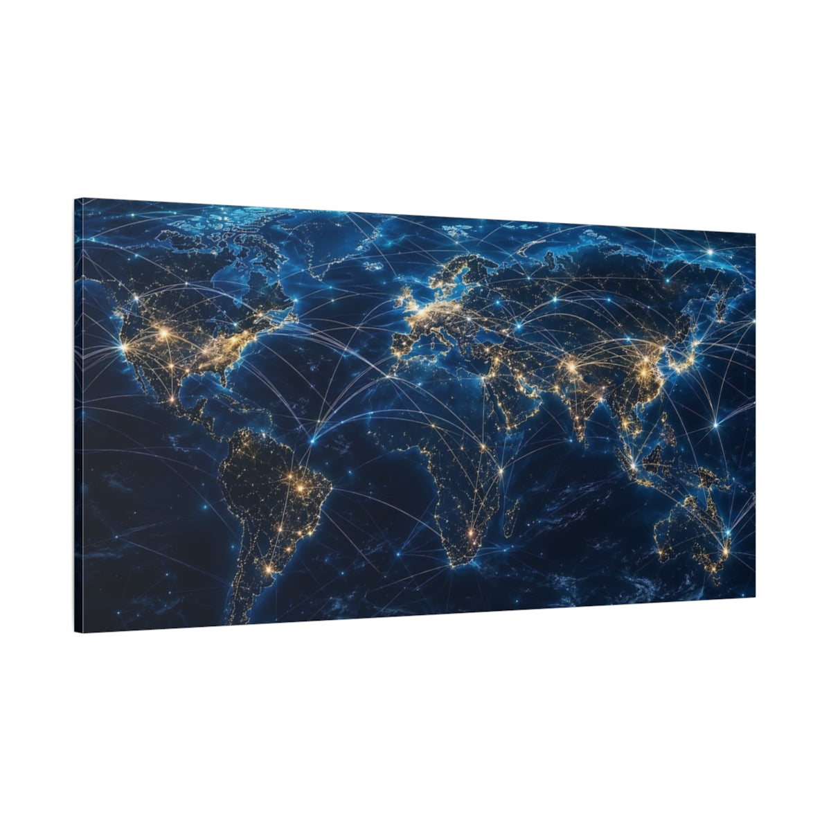 Side Mockup 2. Science Fiction Global Network Blue Gold Network shown as stretched canvas wall art