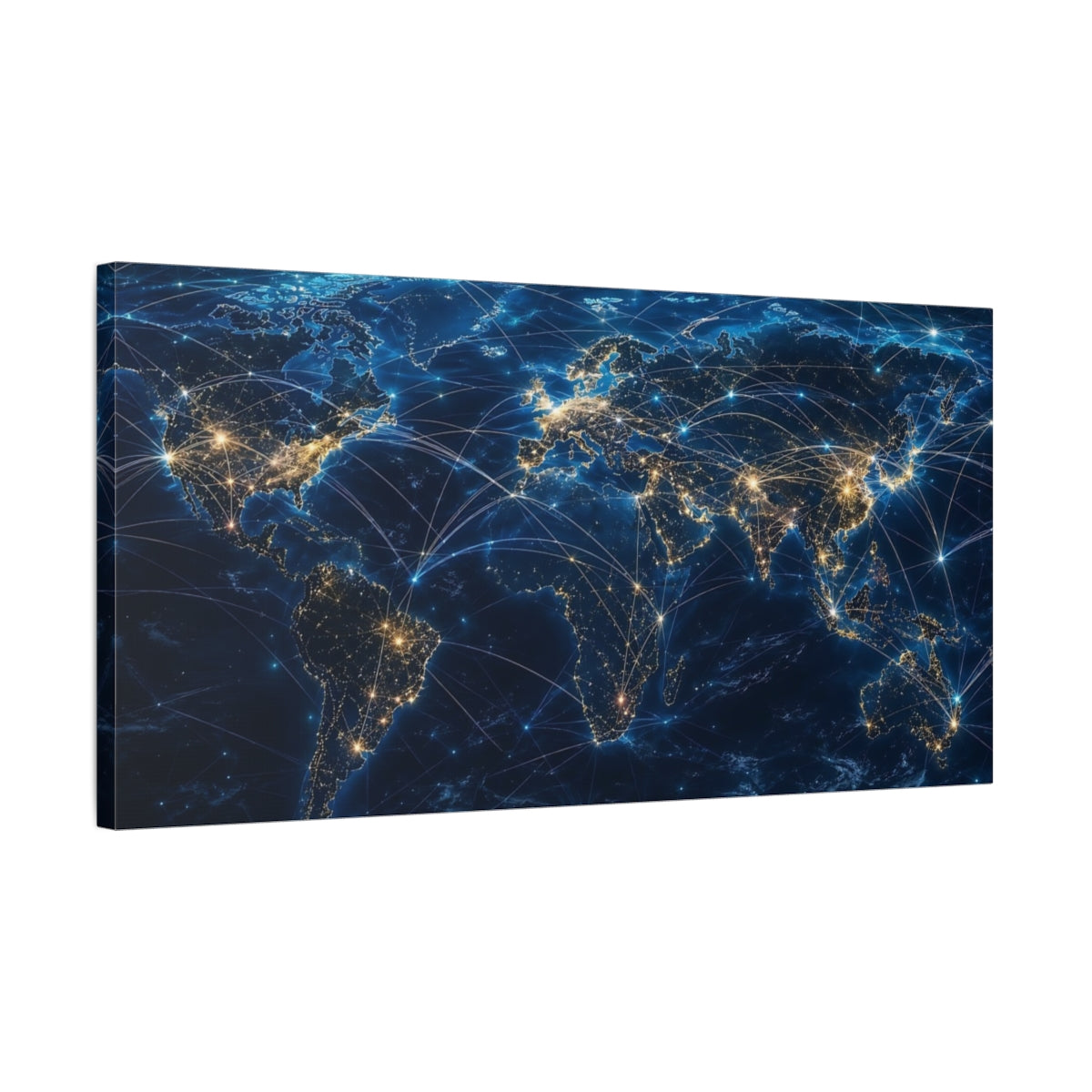 Side Mockup 1. Science Fiction Global Network Blue Gold Network shown as stretched canvas wall art