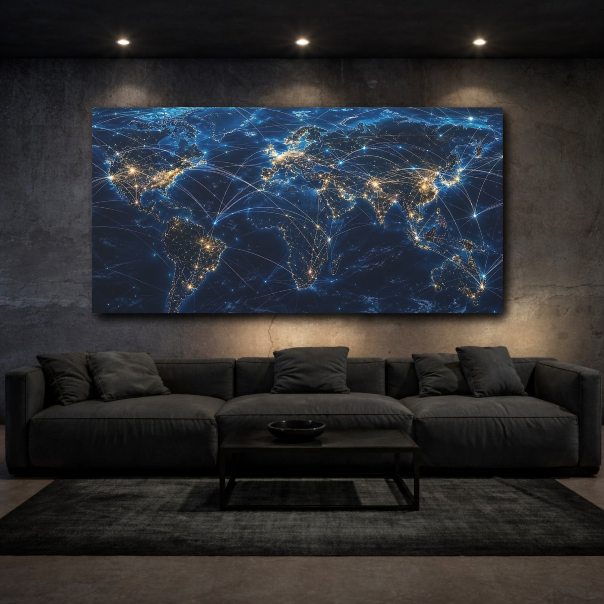 Mockup 2. Science Fiction Global Network Blue Gold Network shown as stretched canvas wall art