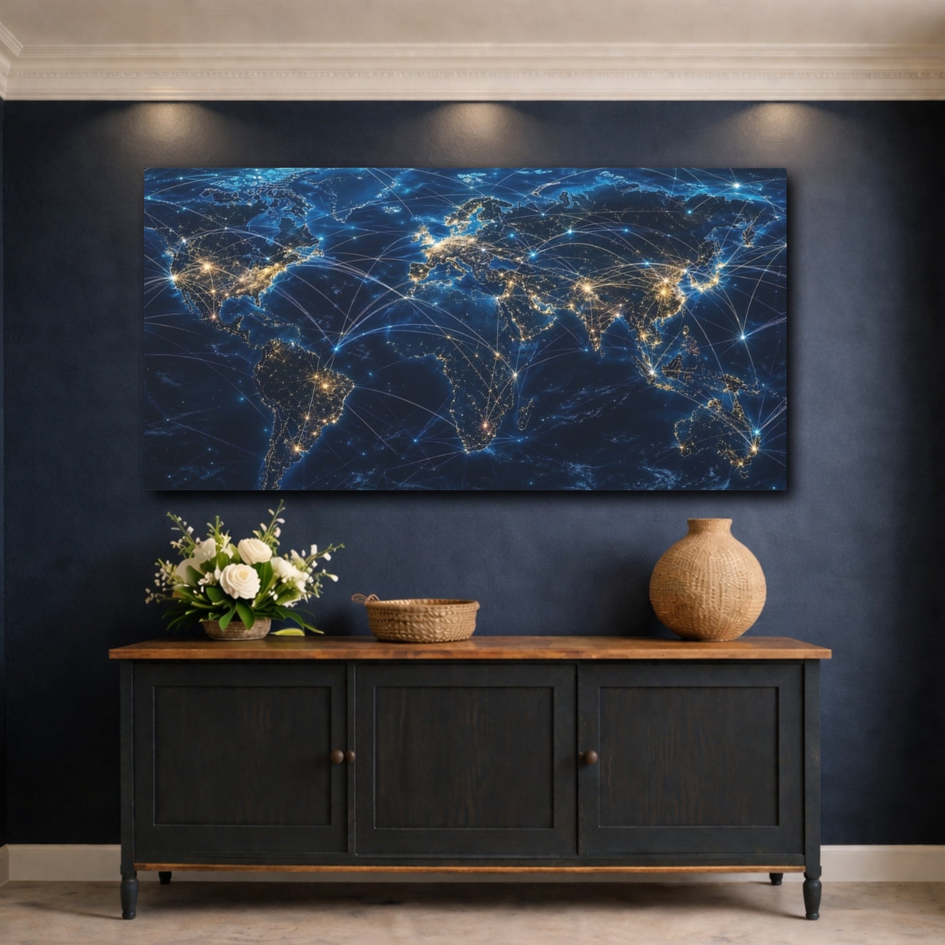 Mockup 4. Science Fiction Global Network Blue Gold Network shown as stretched canvas wall art