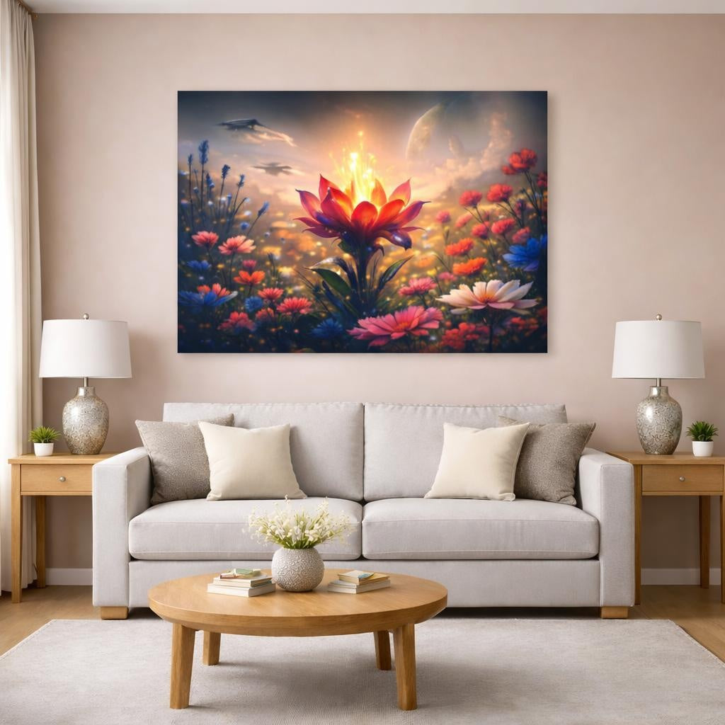 Science Fiction Glowing Flower Vibrant Fantasy Landscape shown as canvas wall art in a modern living room