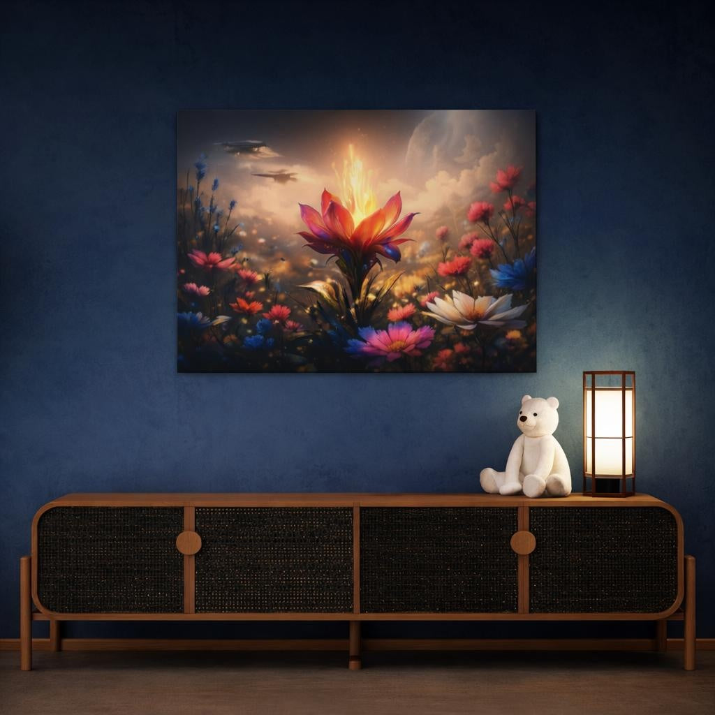 Science Fiction Glowing Flower Vibrant Fantasy Landscape shown as canvas wall art in a refined dining room