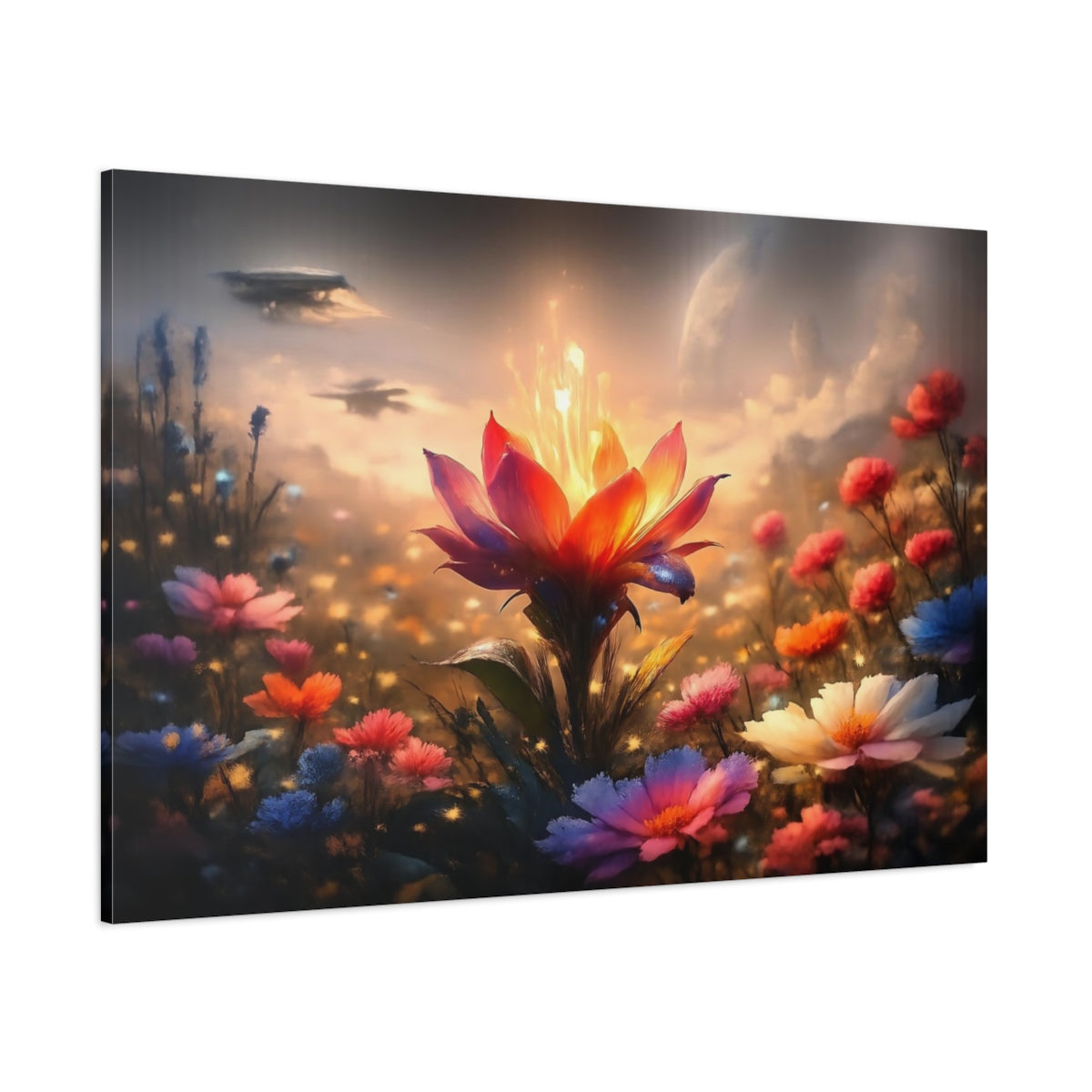 Science Fiction Glowing Flower Vibrant Fantasy Landscape shown as stretched canvas wall art