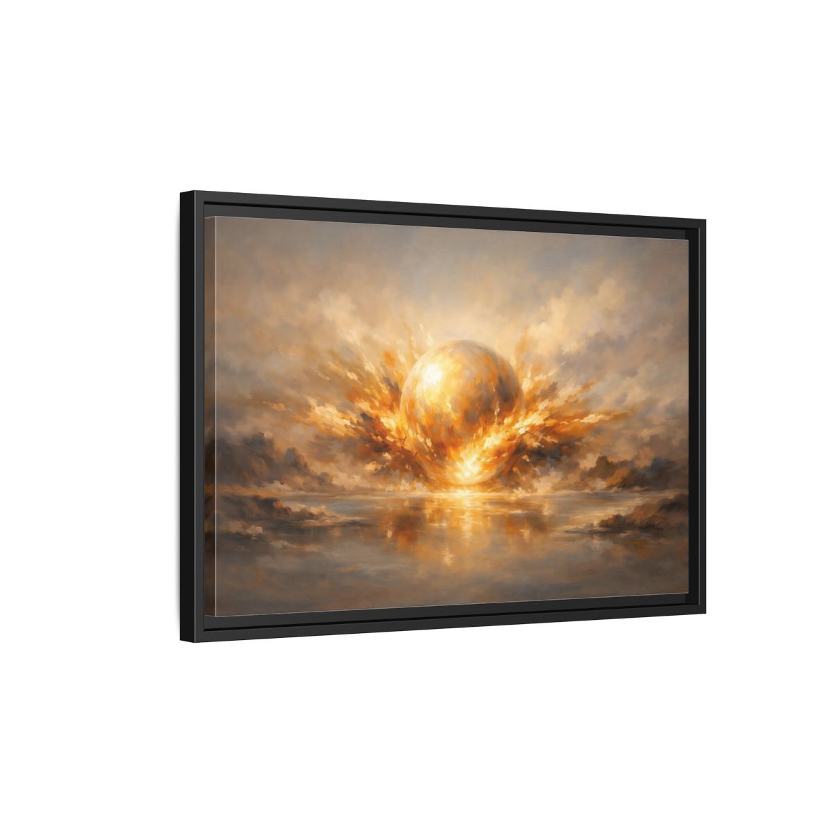 Side Mockup 3. Science Fiction Glowing Orb Golden Energy shown as stretched canvas wall art