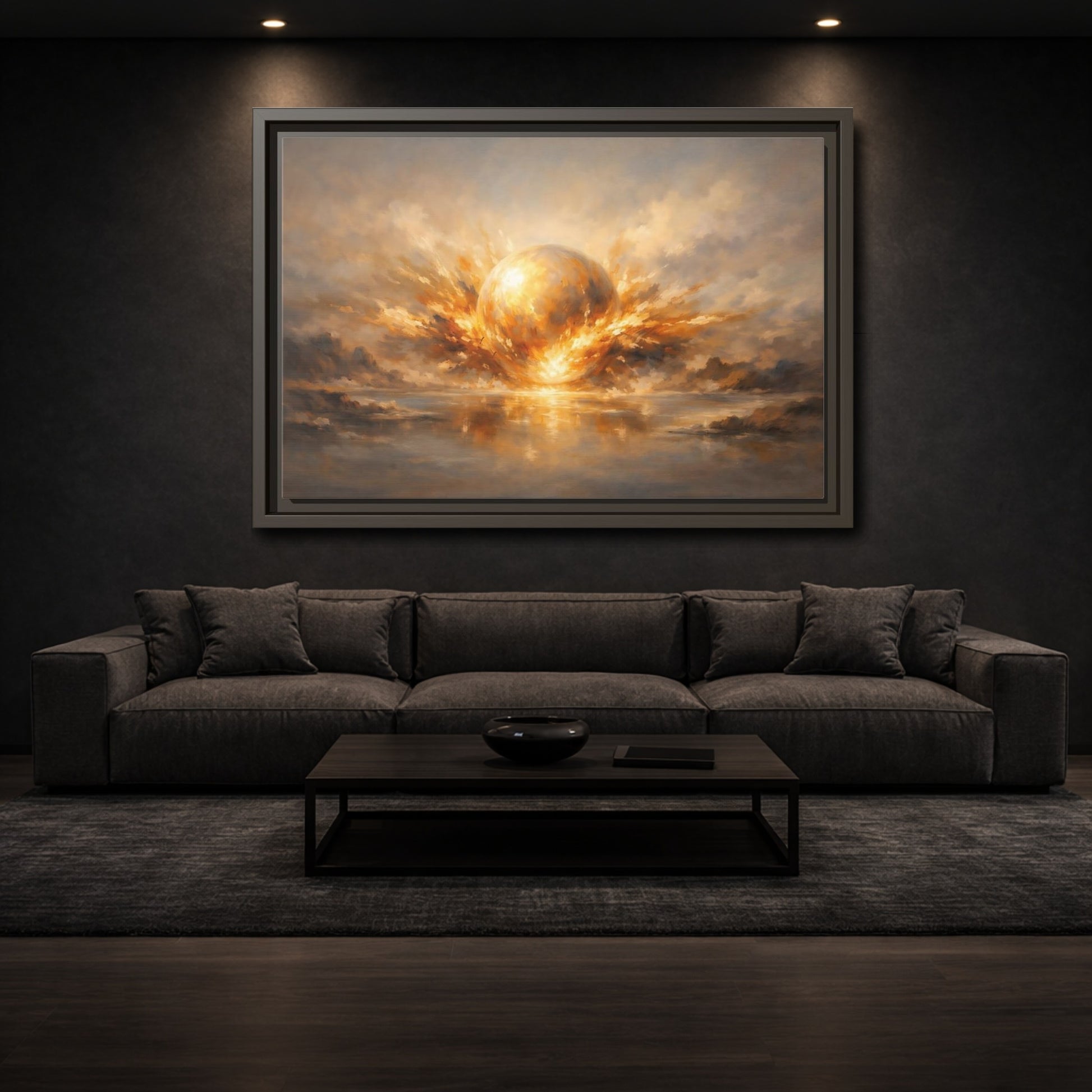 Mockup 2. Science Fiction Glowing Orb Golden Energy shown as stretched canvas wall art