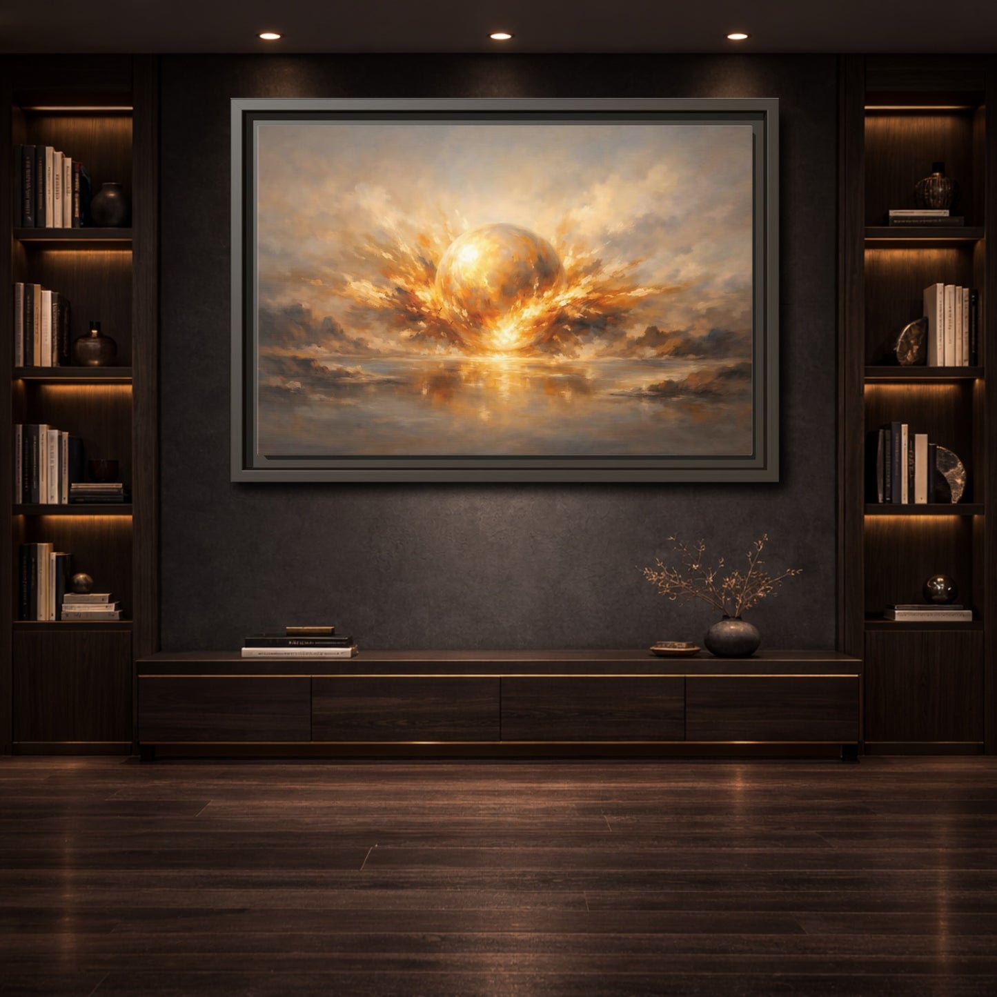 Mockup 3. Science Fiction Glowing Orb Golden Energy shown as stretched canvas wall art