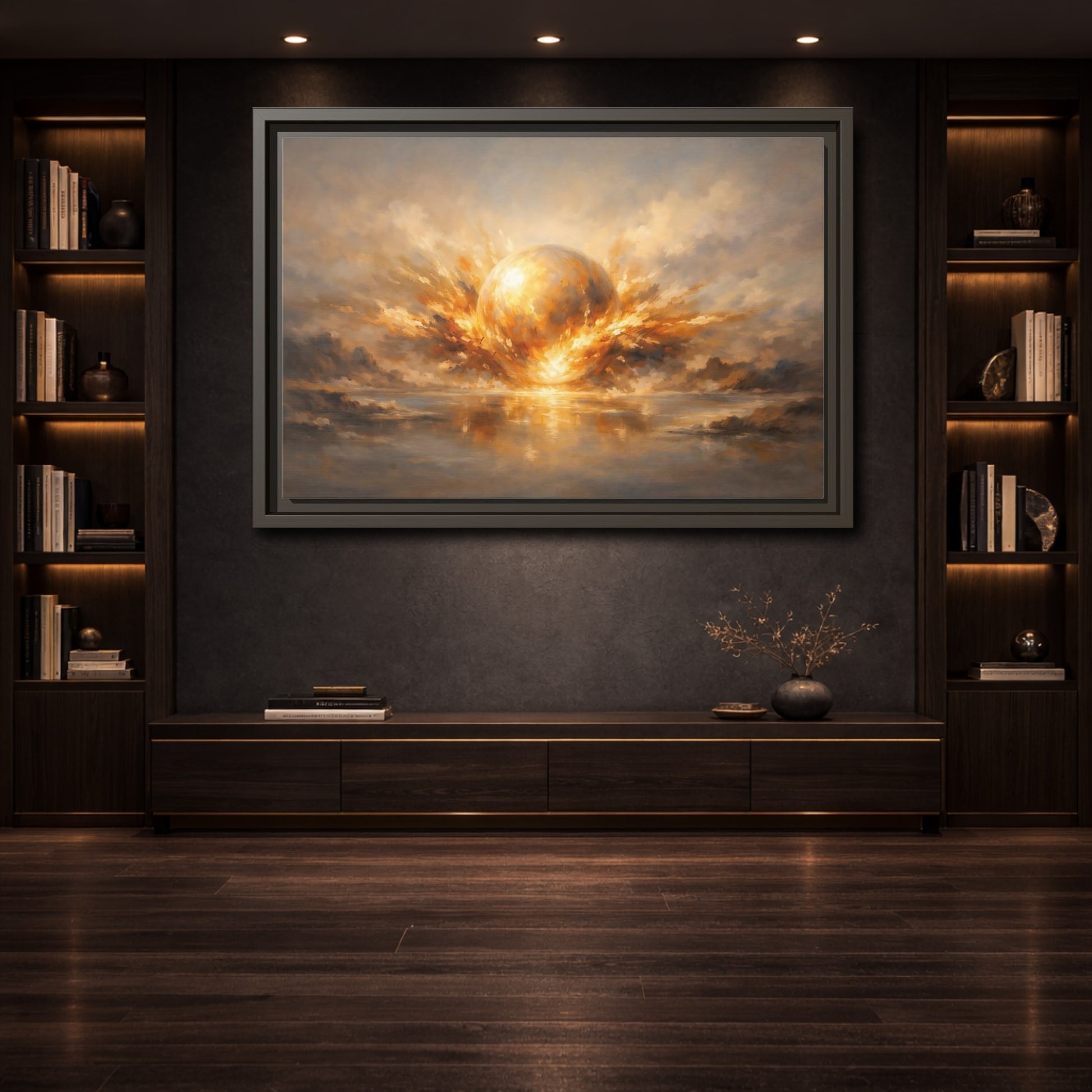 Mockup 3. Science Fiction Glowing Orb Golden Energy shown as stretched canvas wall art