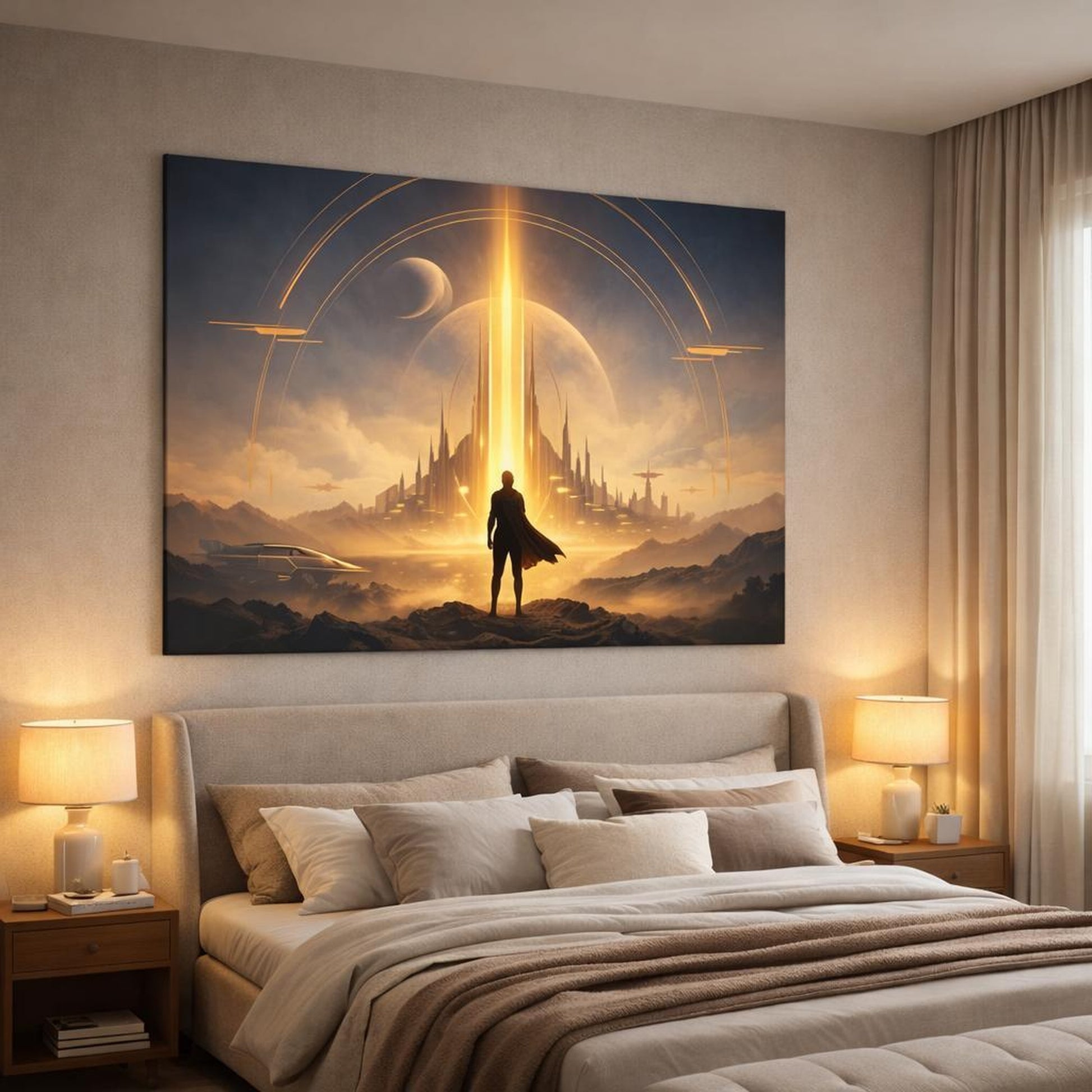 Science Fiction Gold Accent Art shown as canvas wall art in a luxury bedroom