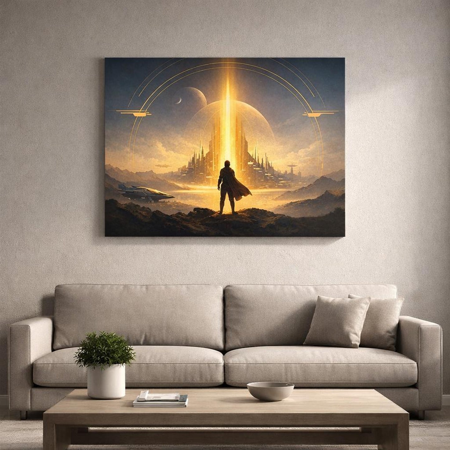 Science Fiction Gold Accent Art shown as canvas wall art in a refined dining room