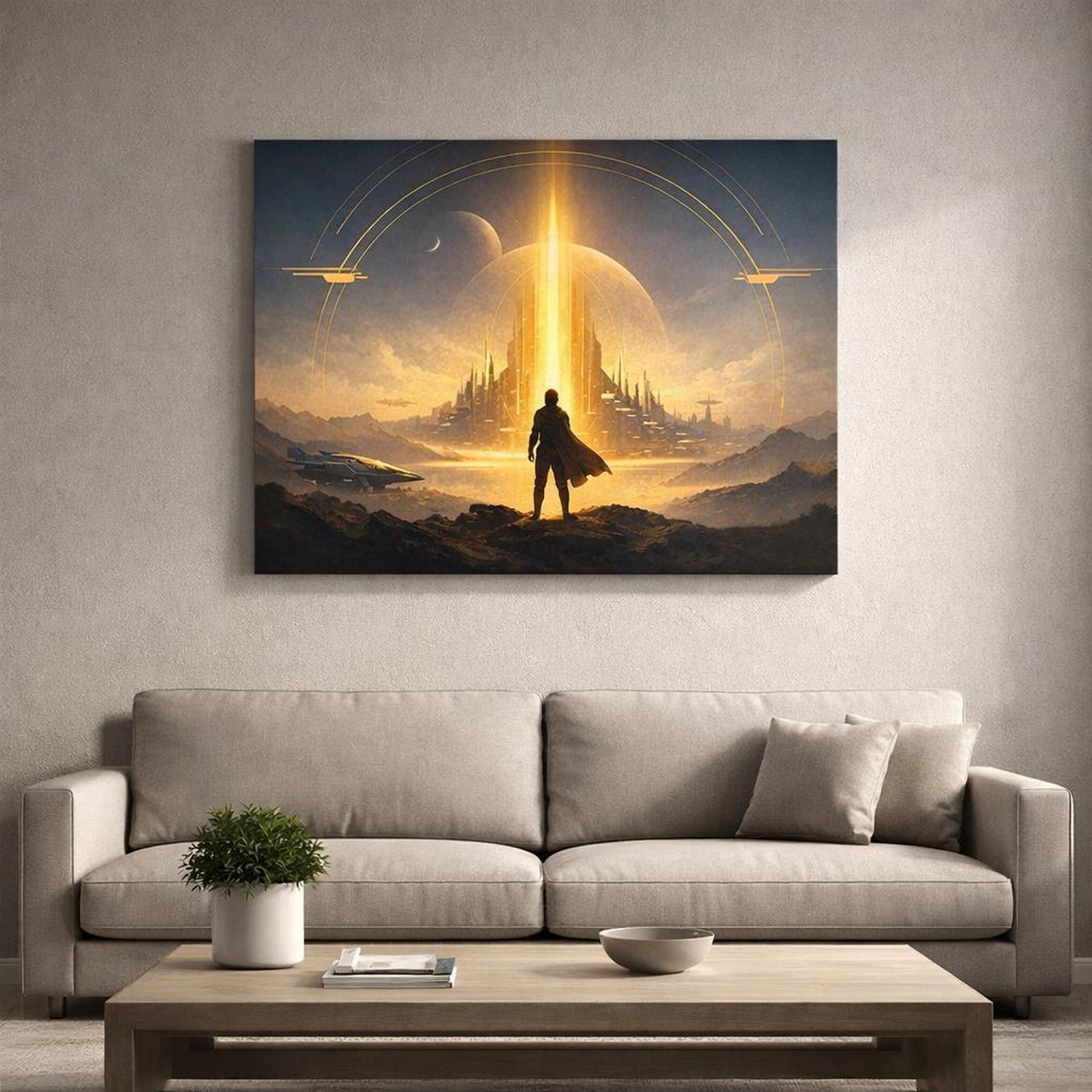 Science Fiction Gold Accent Art shown as canvas wall art in a refined dining room