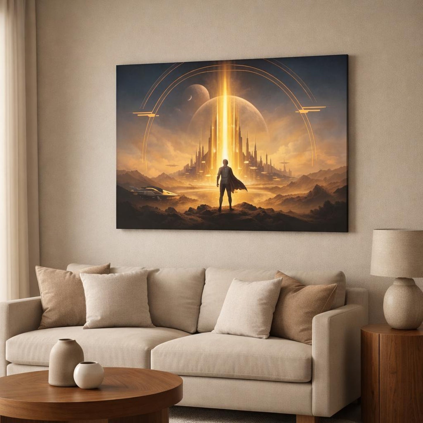 Science Fiction Gold Accent Art shown as canvas wall art in a modern living room