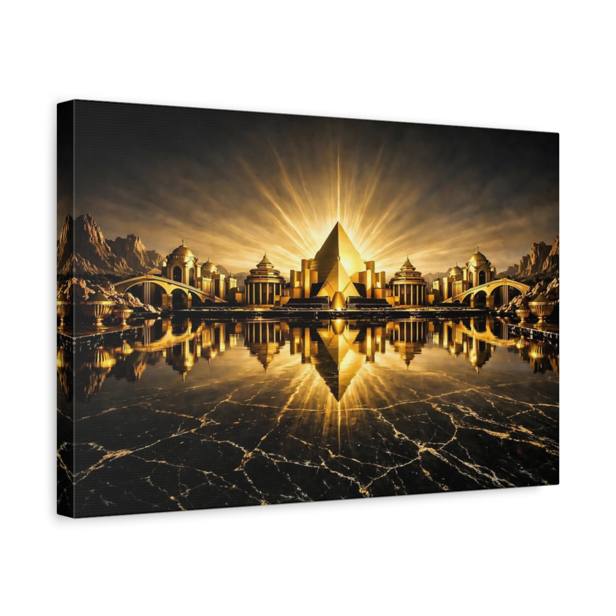 Side Mockup 4. Science Fiction Golden City Gold And Black City shown as stretched canvas wall art