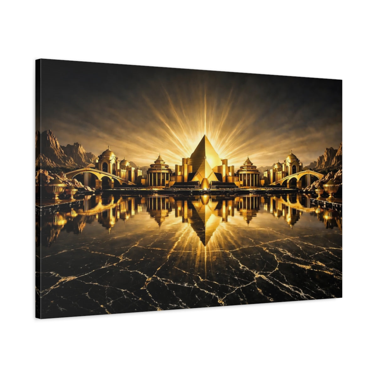 Side Mockup 1. Science Fiction Golden City Gold And Black City shown as stretched canvas wall art