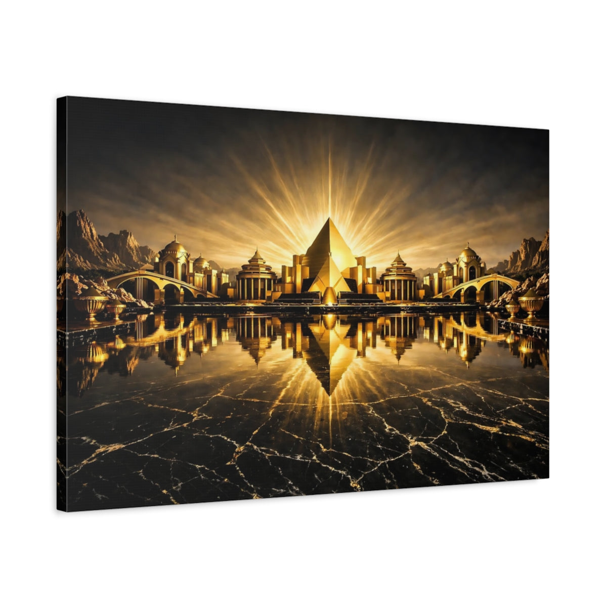 Side Mockup 2. Science Fiction Golden City Gold And Black City shown as stretched canvas wall art