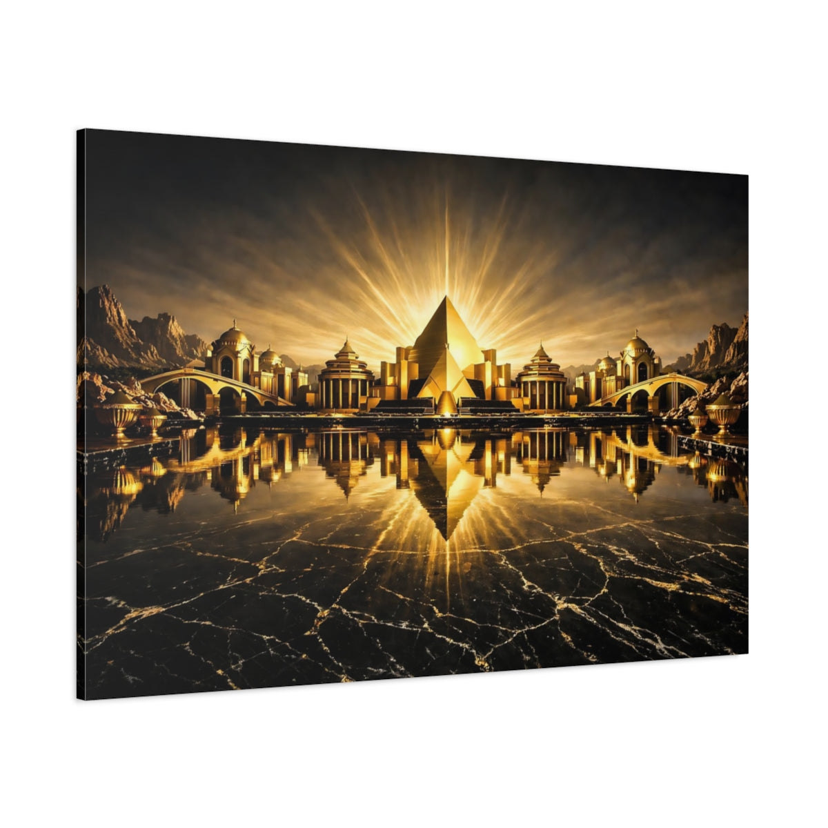 Main Mockup. Science Fiction Golden City Gold And Black City shown as stretched canvas wall art