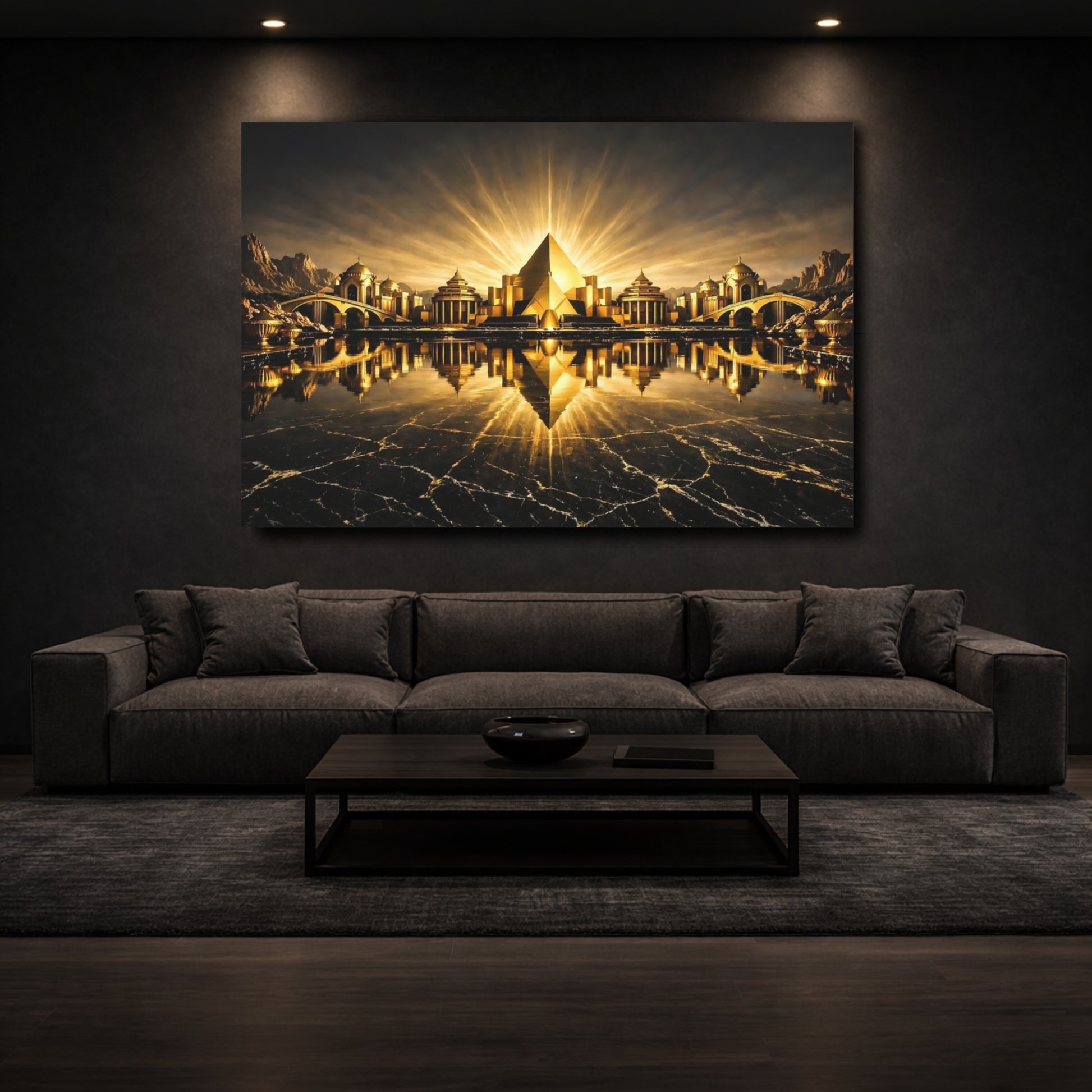 Mockup 2. Science Fiction Golden City Gold And Black City shown as stretched canvas wall art