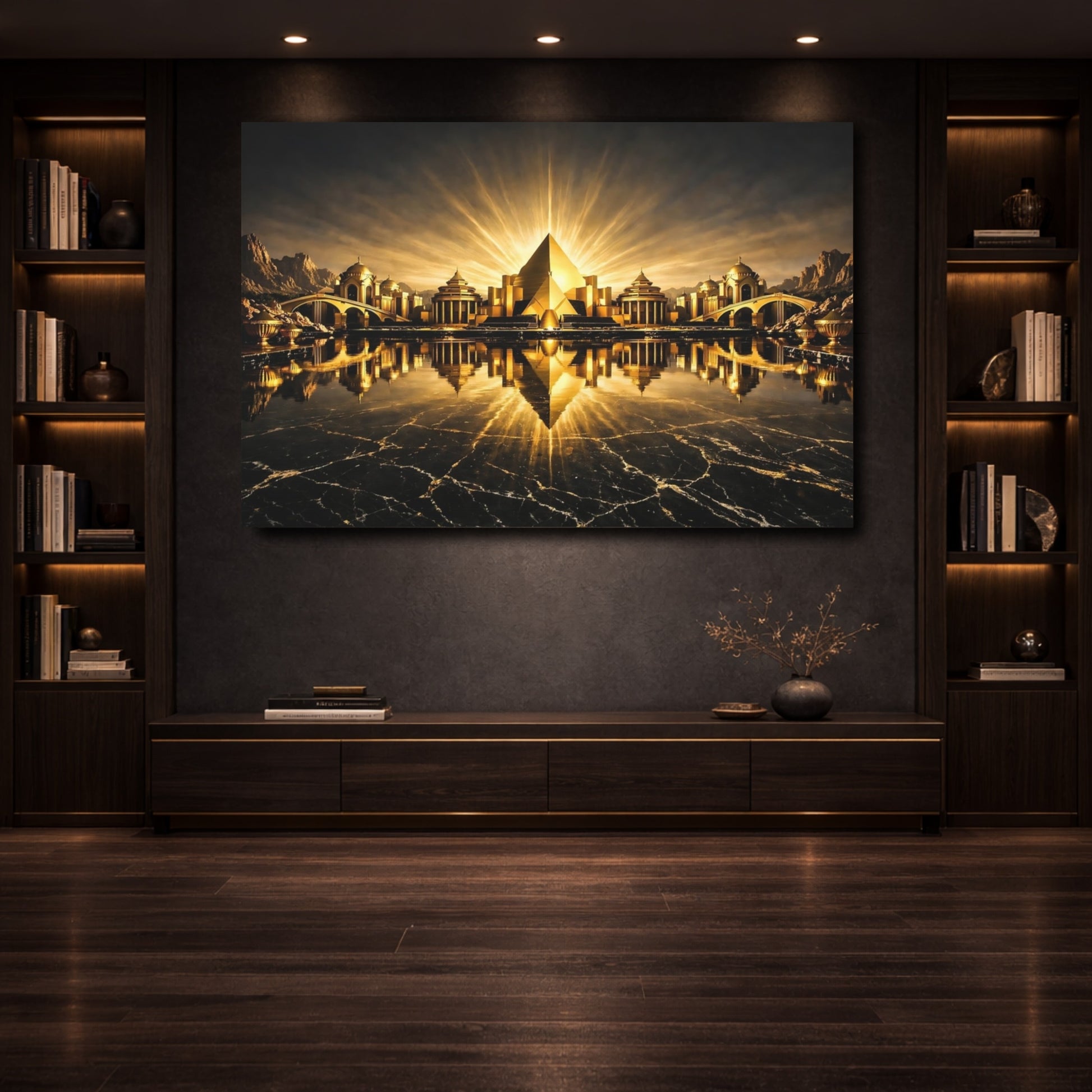 Mockup 3. Science Fiction Golden City Gold And Black City shown as stretched canvas wall art