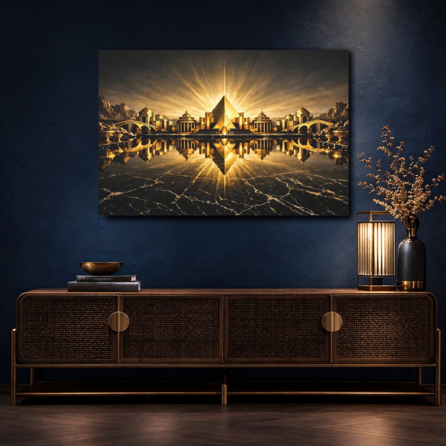 Mockup 4. Science Fiction Golden City Gold And Black City shown as stretched canvas wall art
