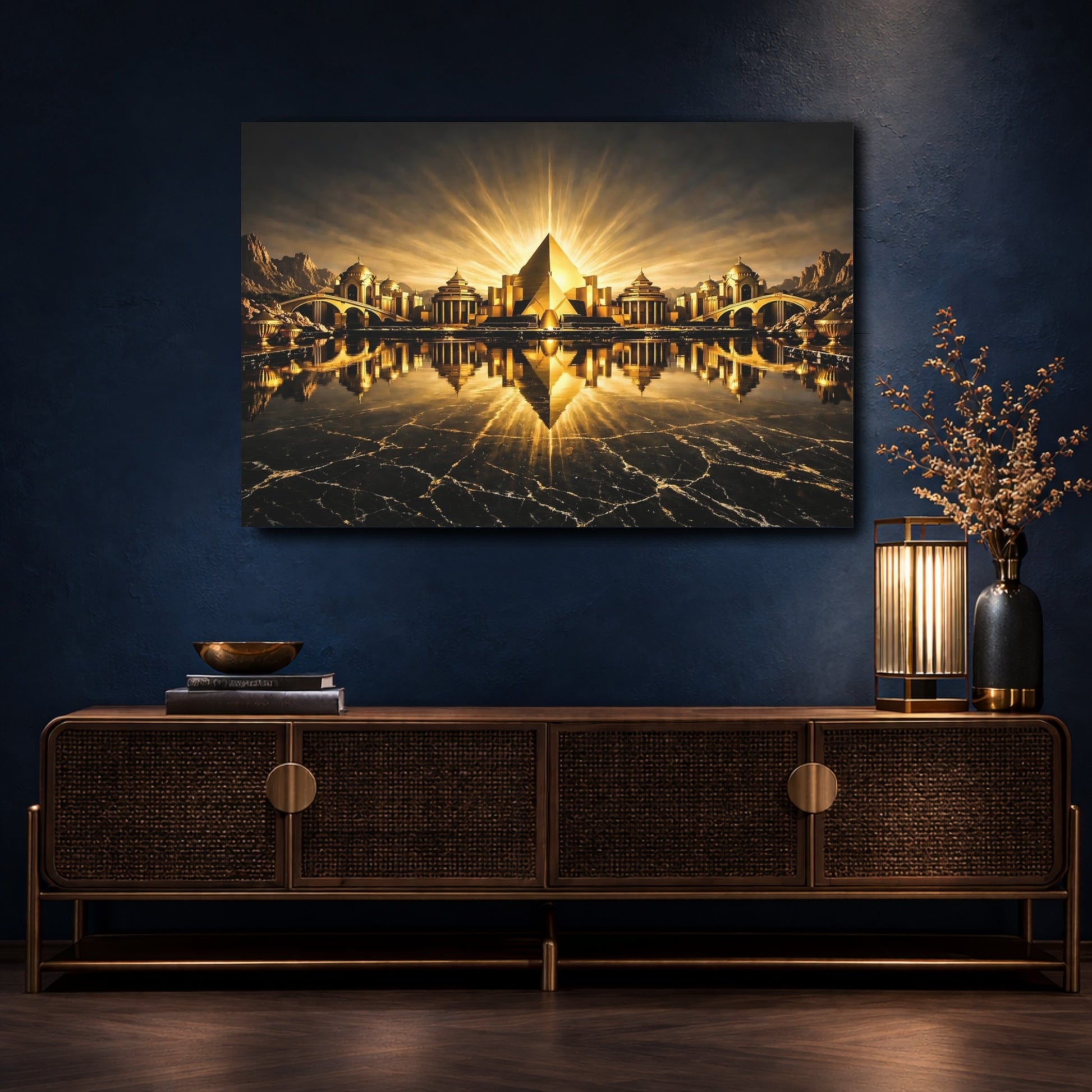 Mockup 4. Science Fiction Golden City Gold And Black City shown as stretched canvas wall art