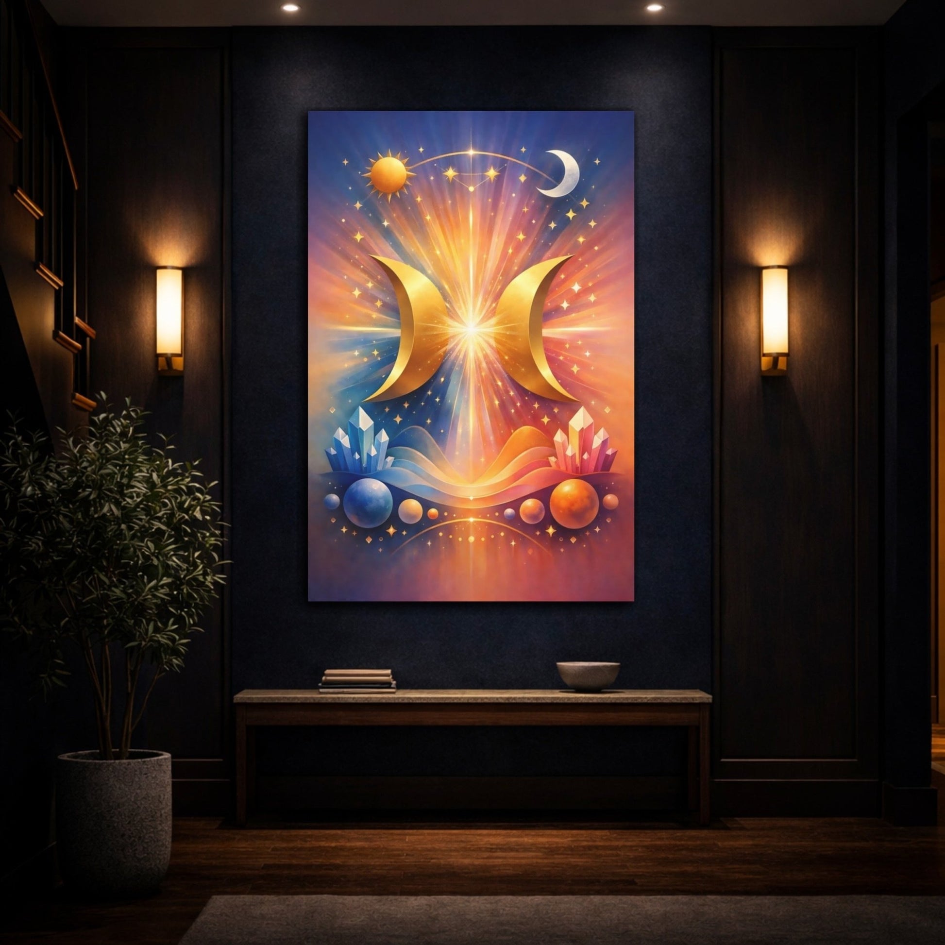 Science Fiction Golden Crescents Cosmic - Canvas Wall Art Print - YesArtYes