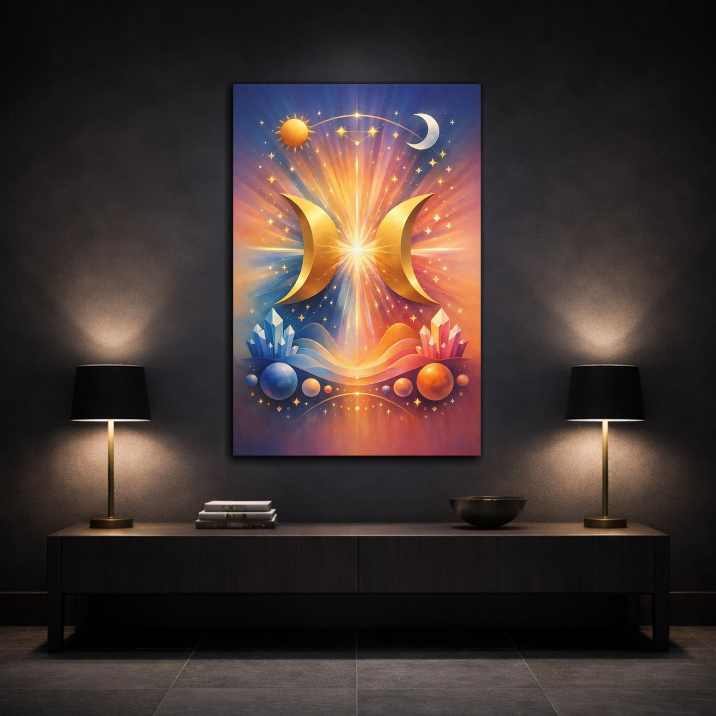 Science Fiction Golden Crescents Cosmic - Canvas Wall Art Print - YesArtYes