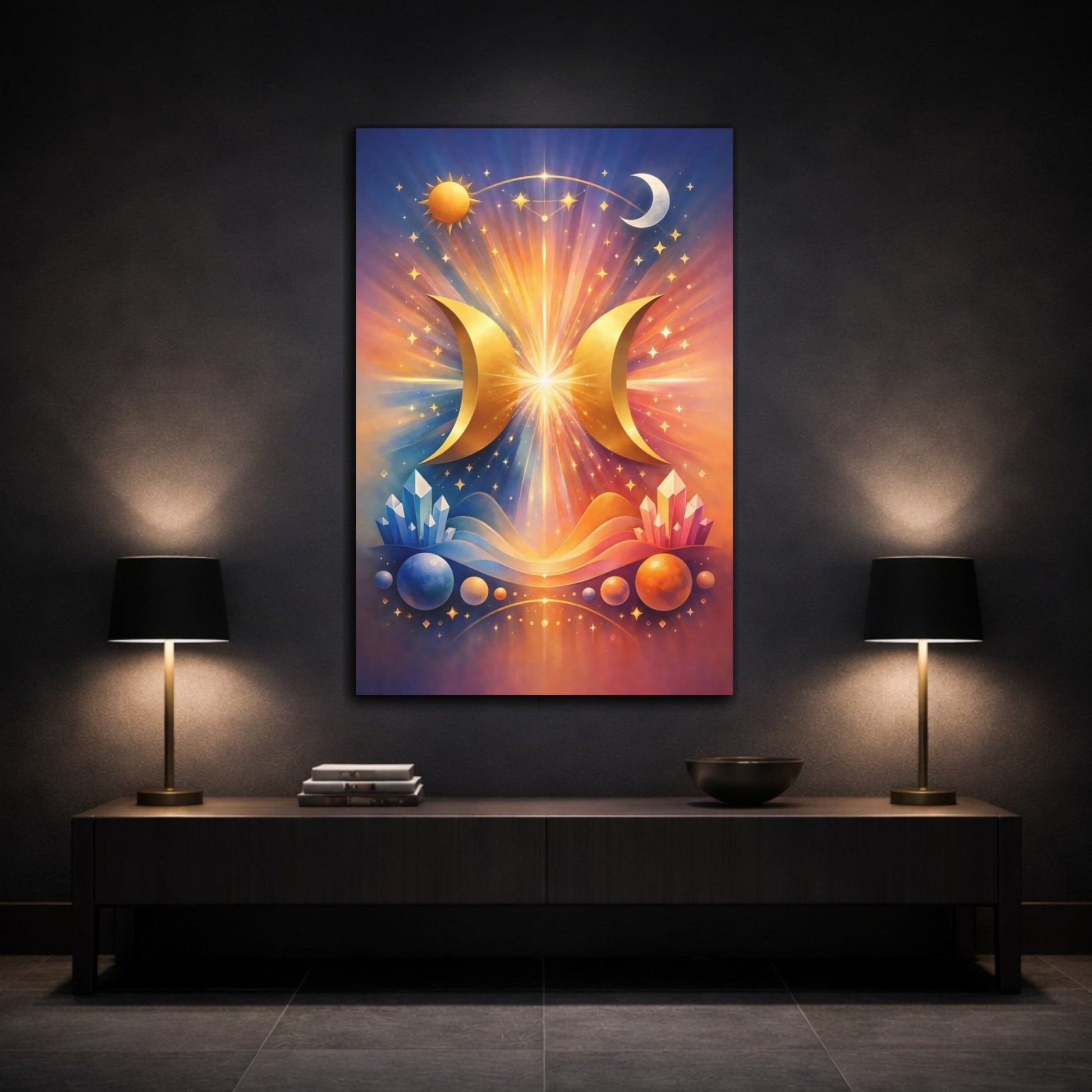 Science Fiction Golden Crescents Cosmic - Canvas Wall Art Print - YesArtYes