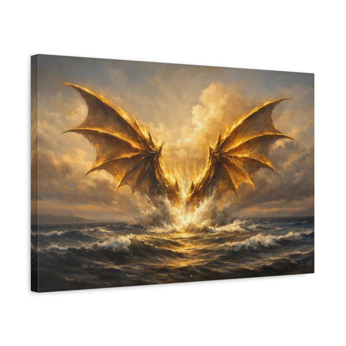 Side Mockup 3. Science Fiction Golden Dragon Golden Dragon shown as stretched canvas wall art