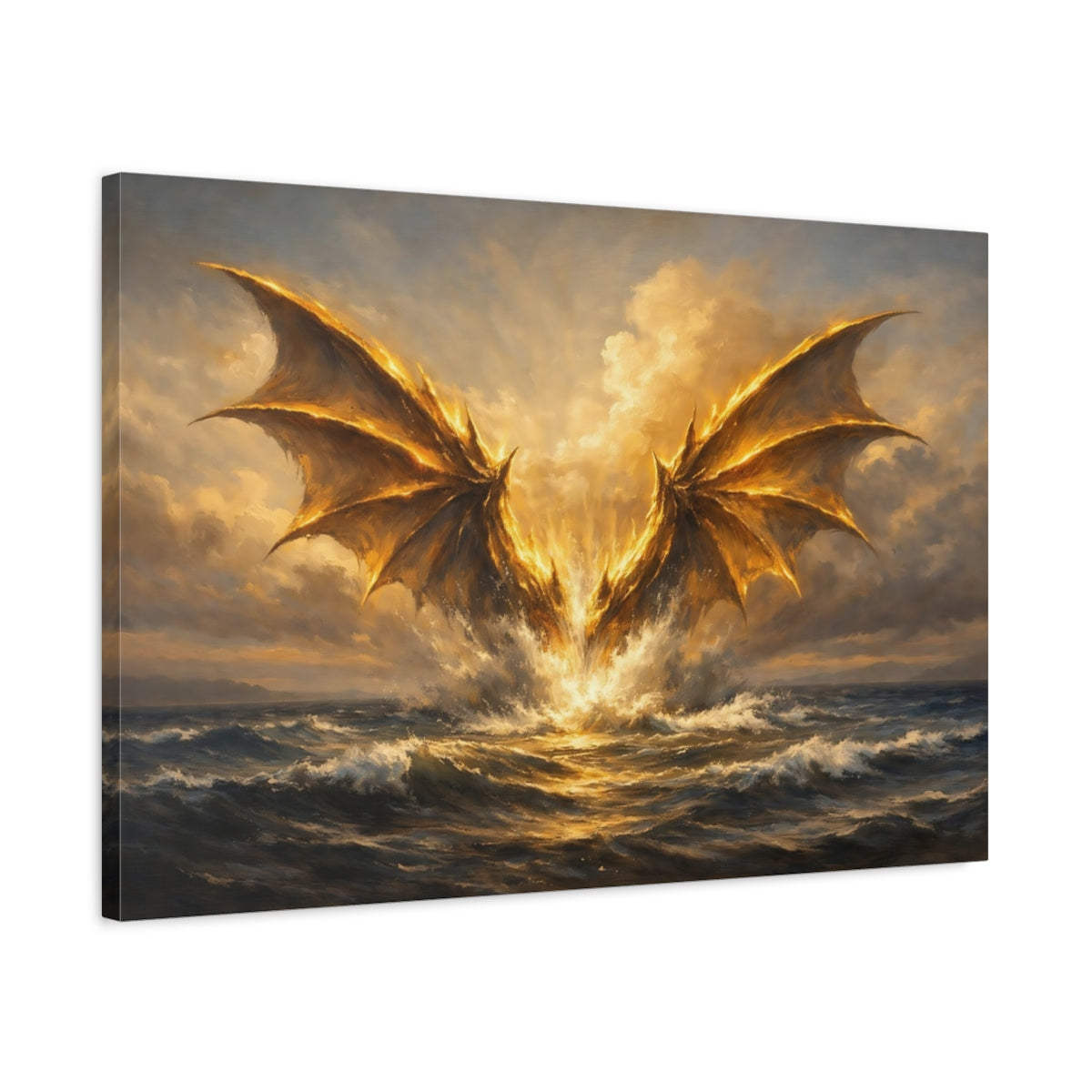 Side Mockup 2. Science Fiction Golden Dragon Golden Dragon shown as stretched canvas wall art