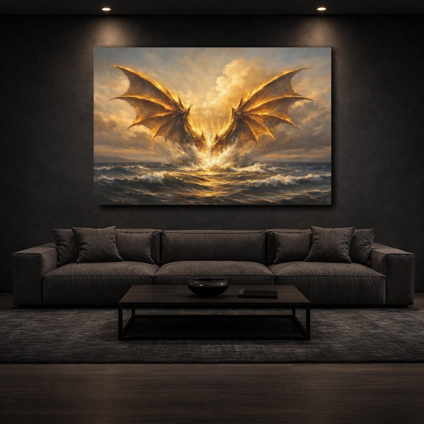 Mockup 2. Science Fiction Golden Dragon Golden Dragon shown as stretched canvas wall art