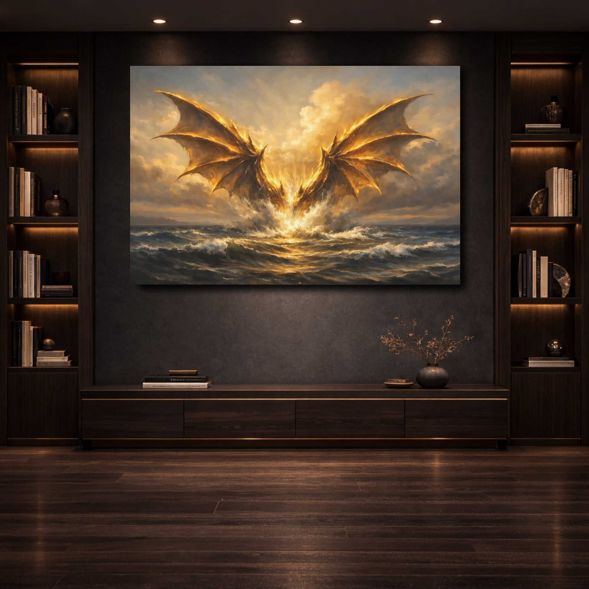 Mockup 3. Science Fiction Golden Dragon Golden Dragon shown as stretched canvas wall art