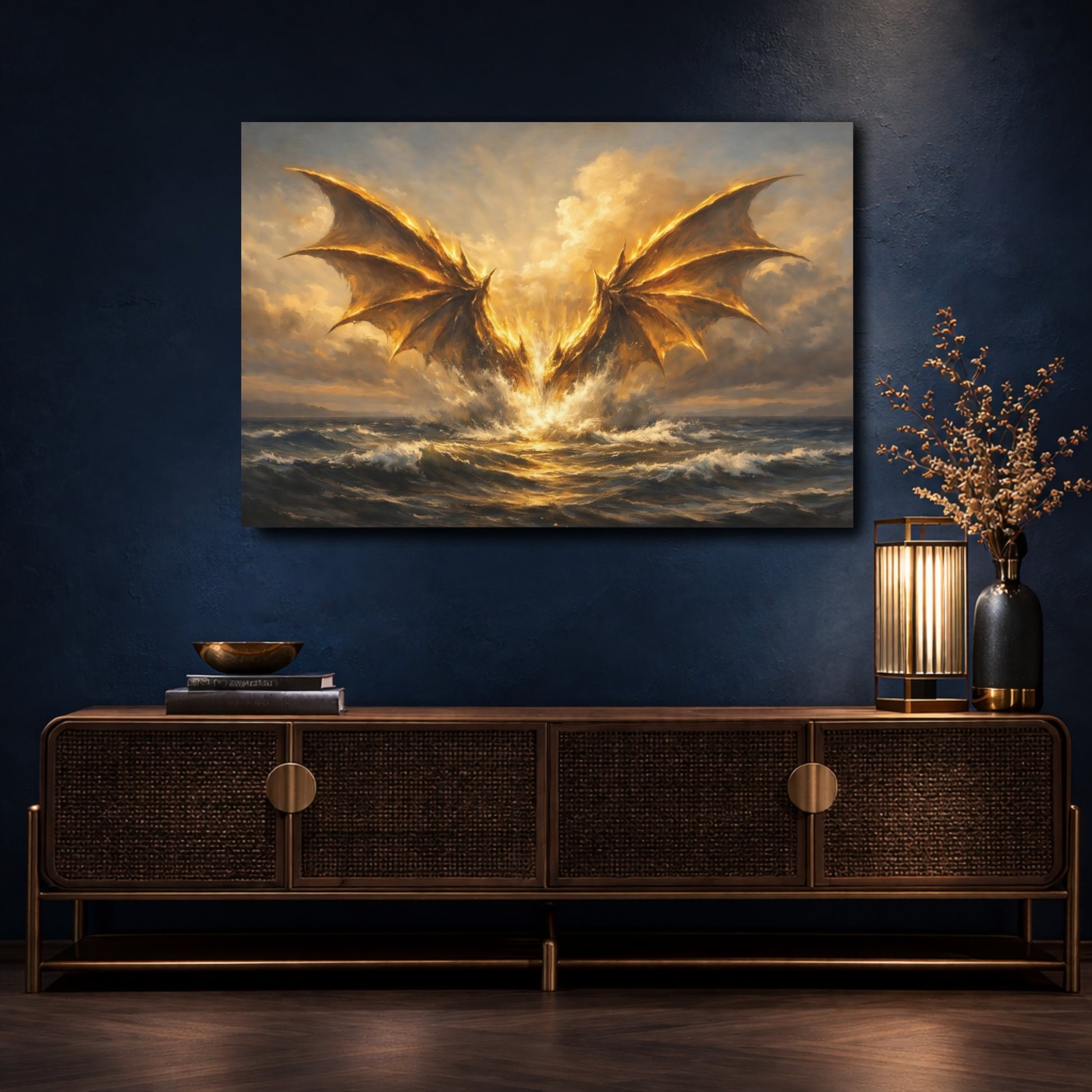 Mockup 4. Science Fiction Golden Dragon Golden Dragon shown as stretched canvas wall art