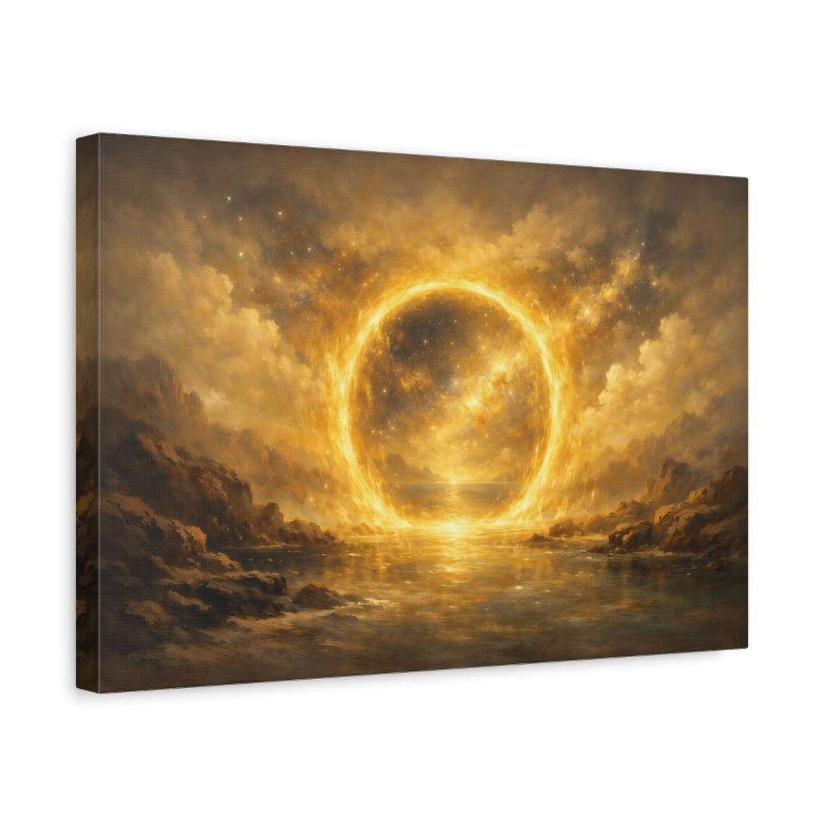 Side Mockup 4. Science Fiction Golden Portal Golden Glow shown as stretched canvas wall art