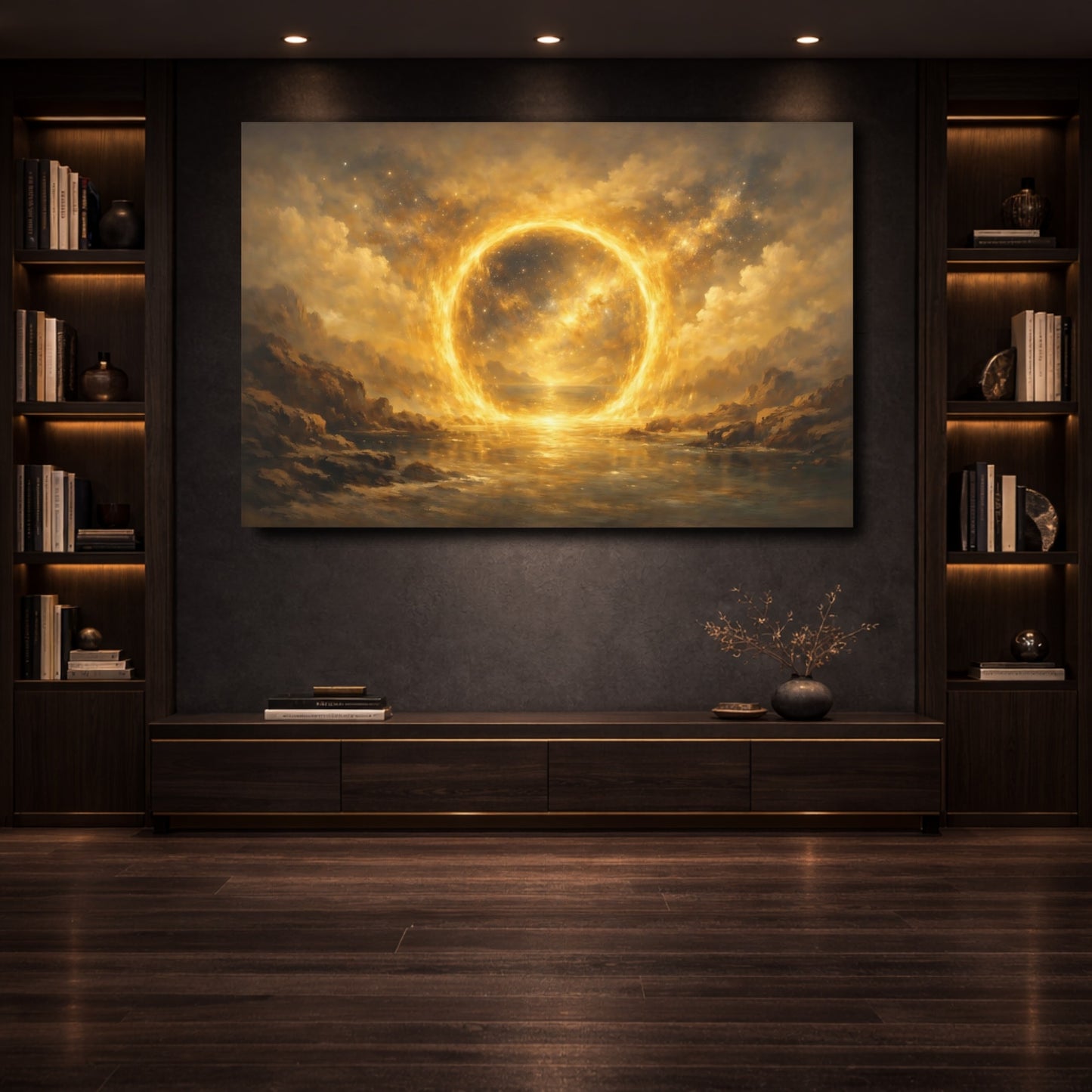 Mockup 3. Science Fiction Golden Portal Golden Glow shown as stretched canvas wall art