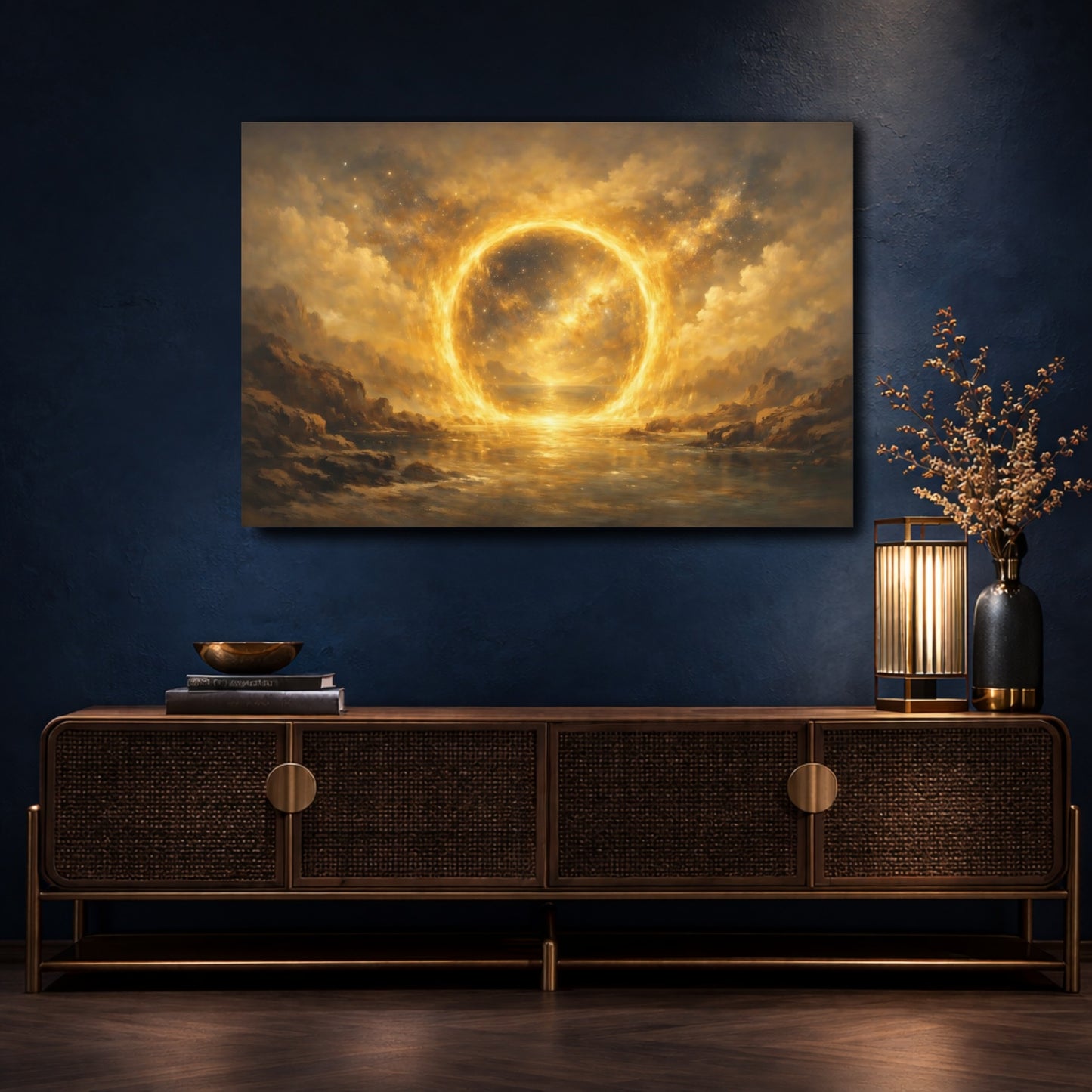 Mockup 4. Science Fiction Golden Portal Golden Glow shown as stretched canvas wall art